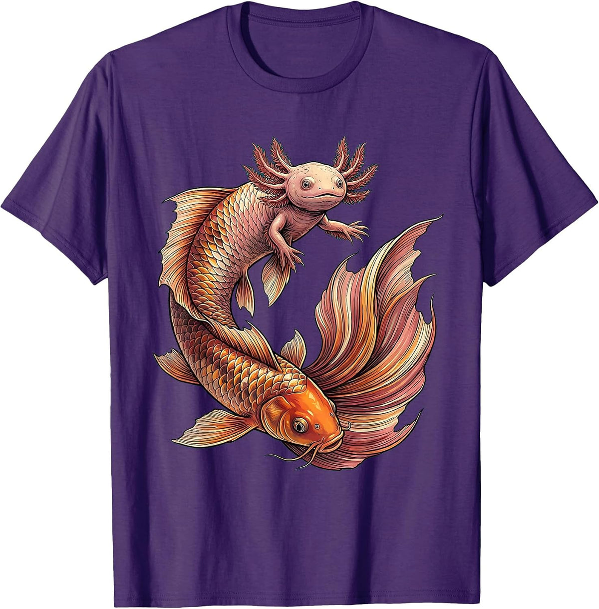 Men's Axolotl Riding Giant Koi Fish Graphic Tee T-Shirt - Purple