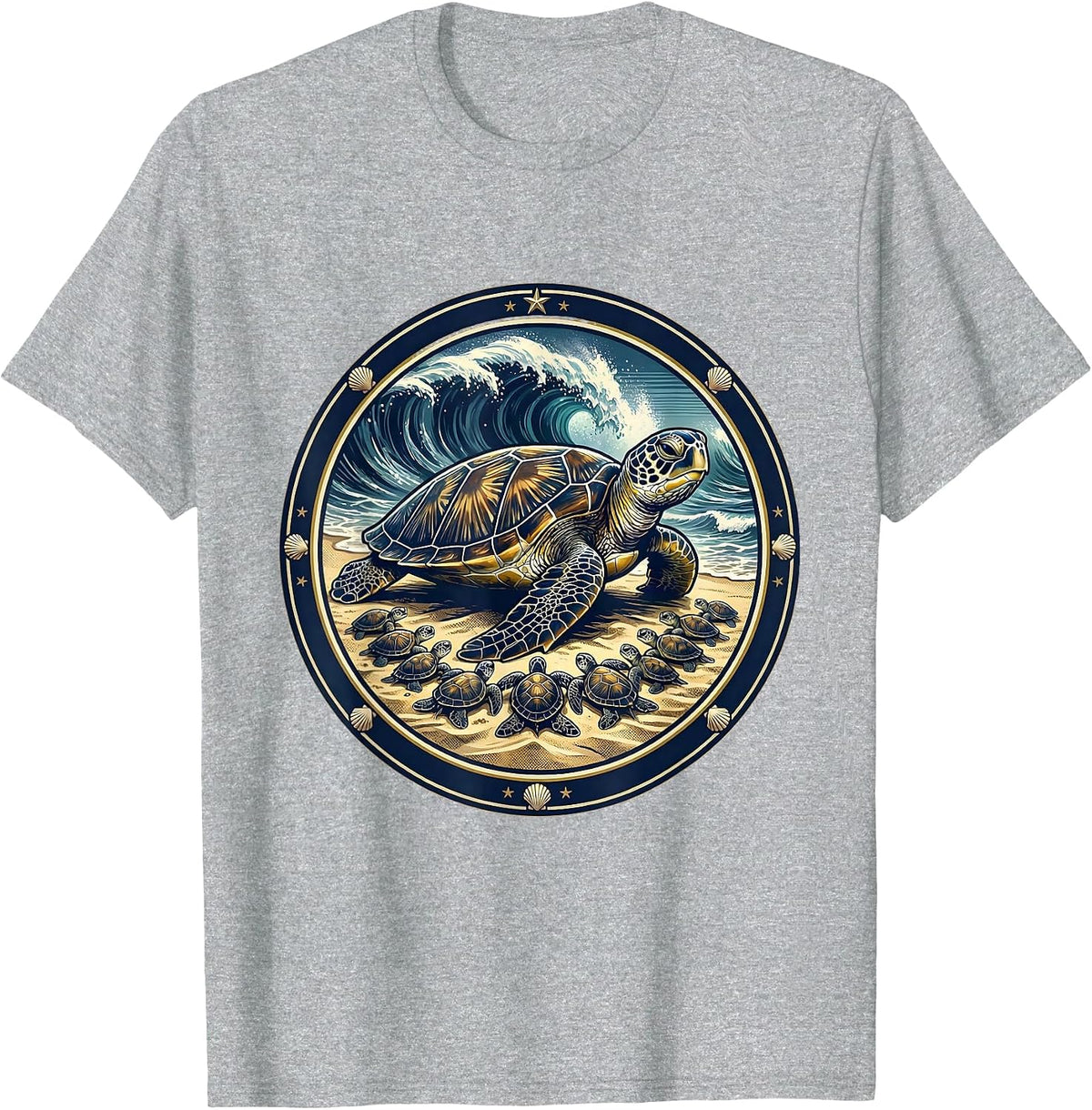 Men's Mama Turtle With Hatchlings on Beach Graphic T-Shirt - Heather Grey
