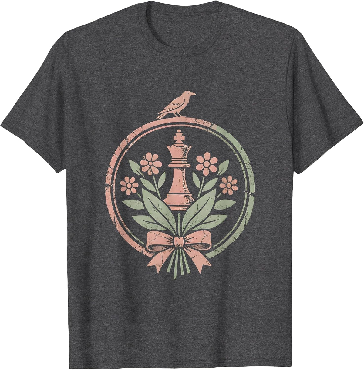 Grandma vs Crow Chess Match Illustration T-Shirt - Dark Heather Grey