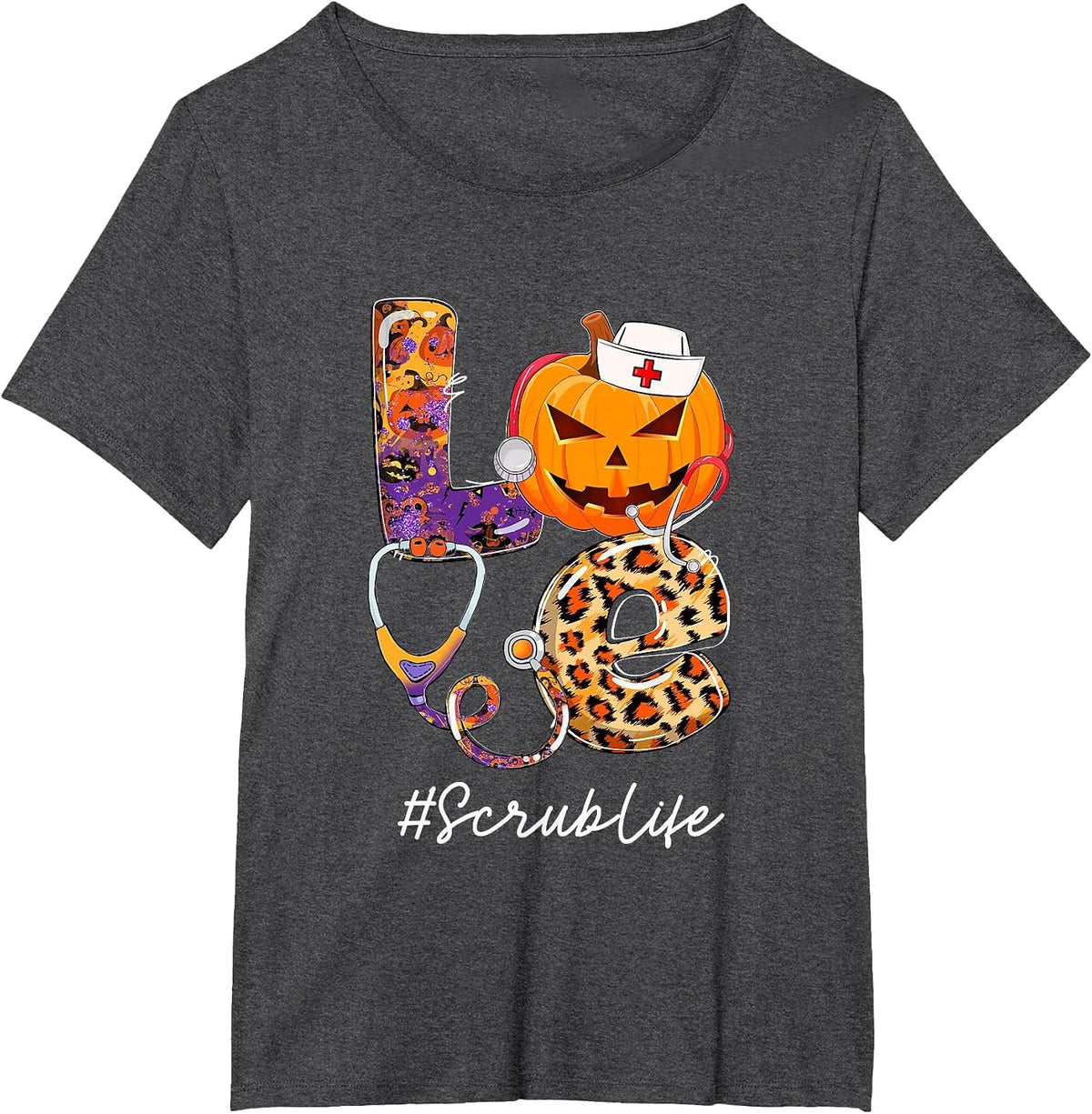 Love Scrub Life Pumpkin Stethoscope Halloween Costume T-Shirt - Dark Heather Grey