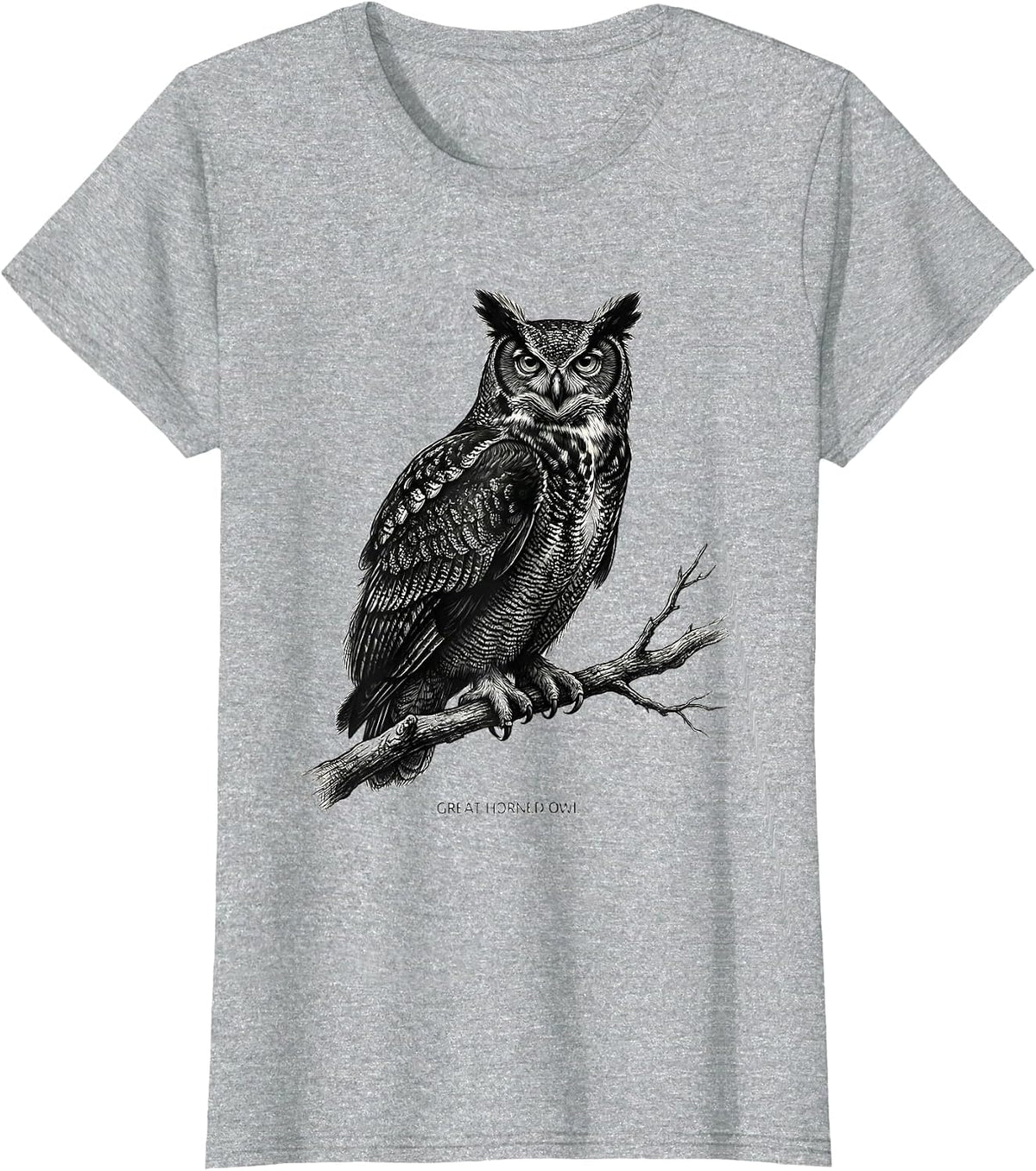GREAT HORNED OWL Monochromatic Wildlife Portrait Nature Art T-Shirt - Heather Grey