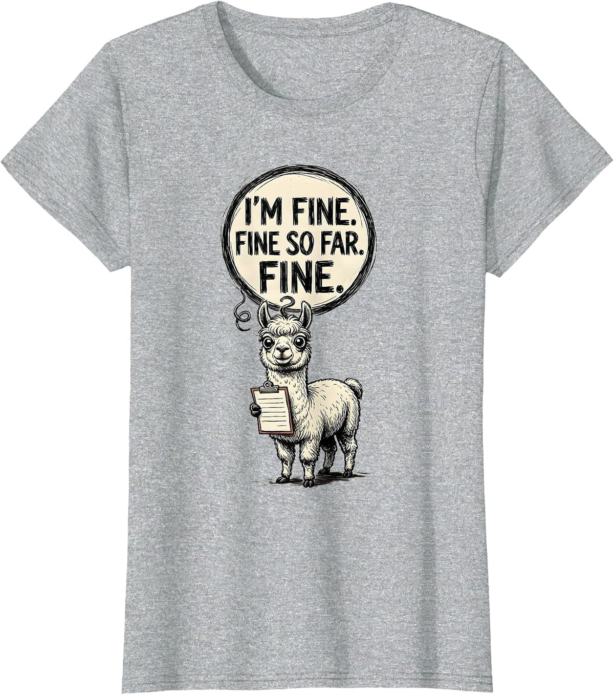 I'm Fine Fine So Far Fine Hand-Sketched Cat Lover Stress T-Shirt - Heather Grey