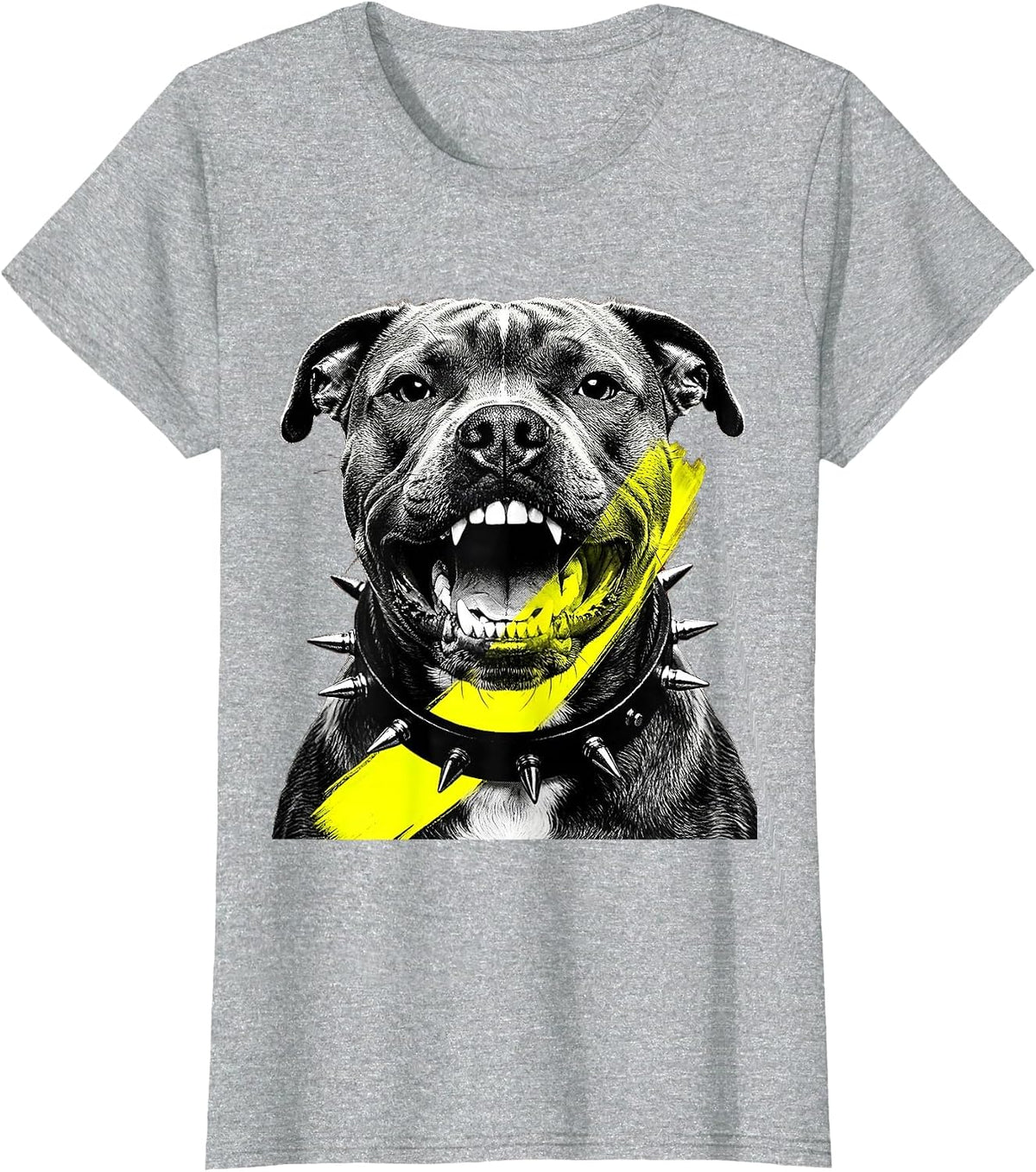 Grunge Pit Bull Spiked Collar Snarling Dog Art T-Shirt - Heather Grey