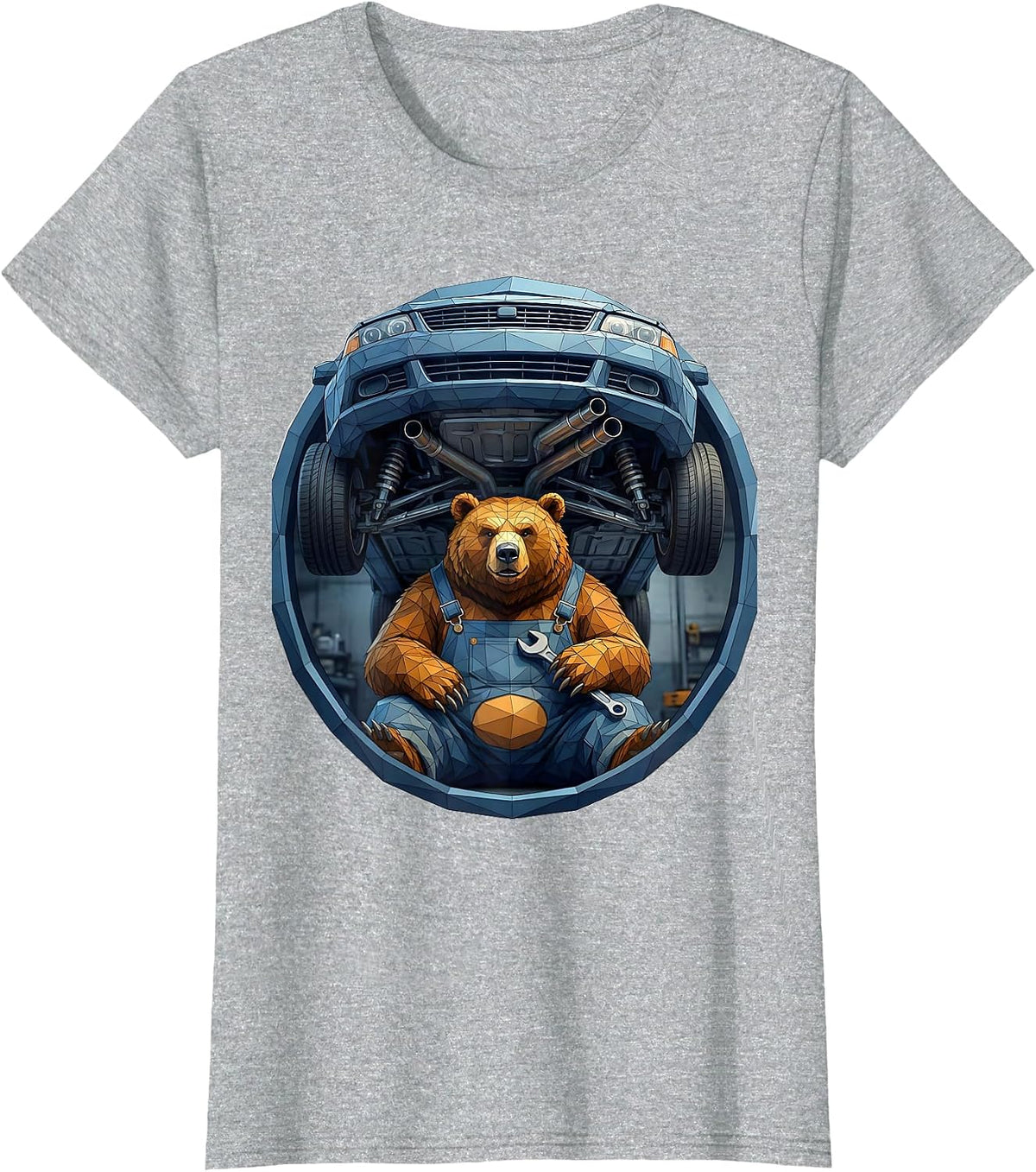 Bear Mechanic Under Lifted Car Graphic Tee T-Shirt - Heather Grey
