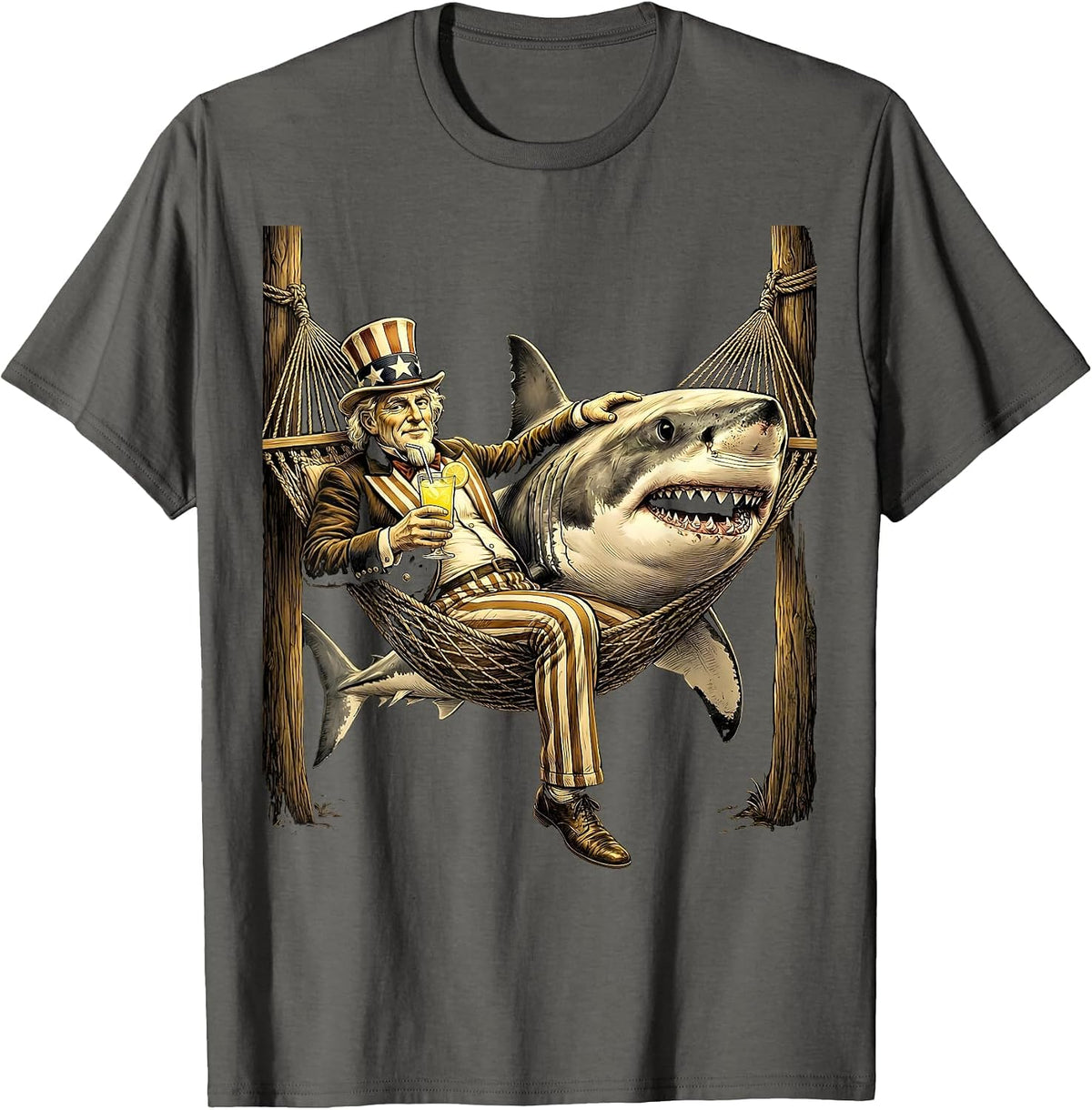 Shark Relaxing in Hammock with Lemonade T-Shirt - Asphalt Grey