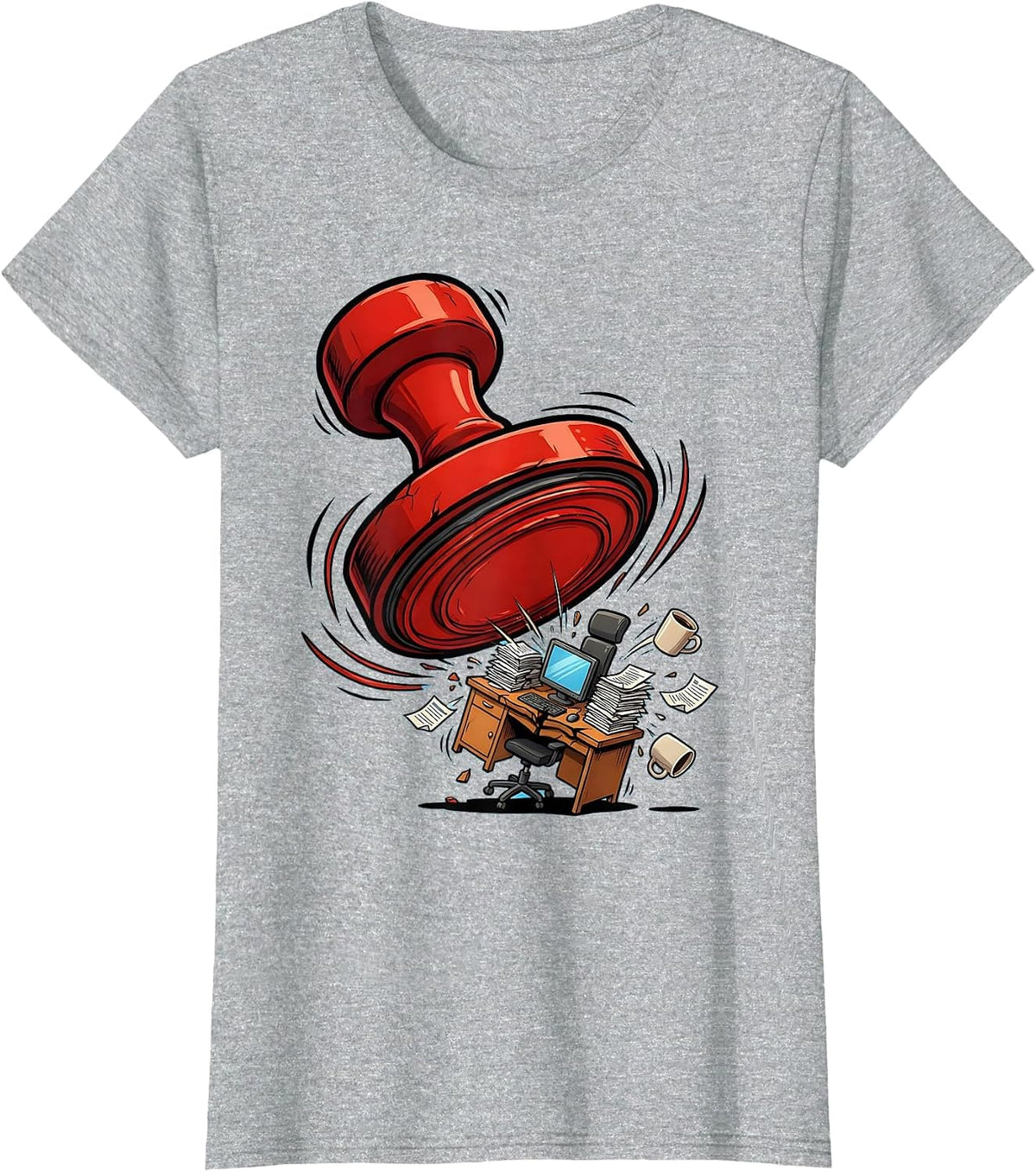 Giant Red Stamp Crushing Office Desk Graphic T-Shirt - Heather Grey