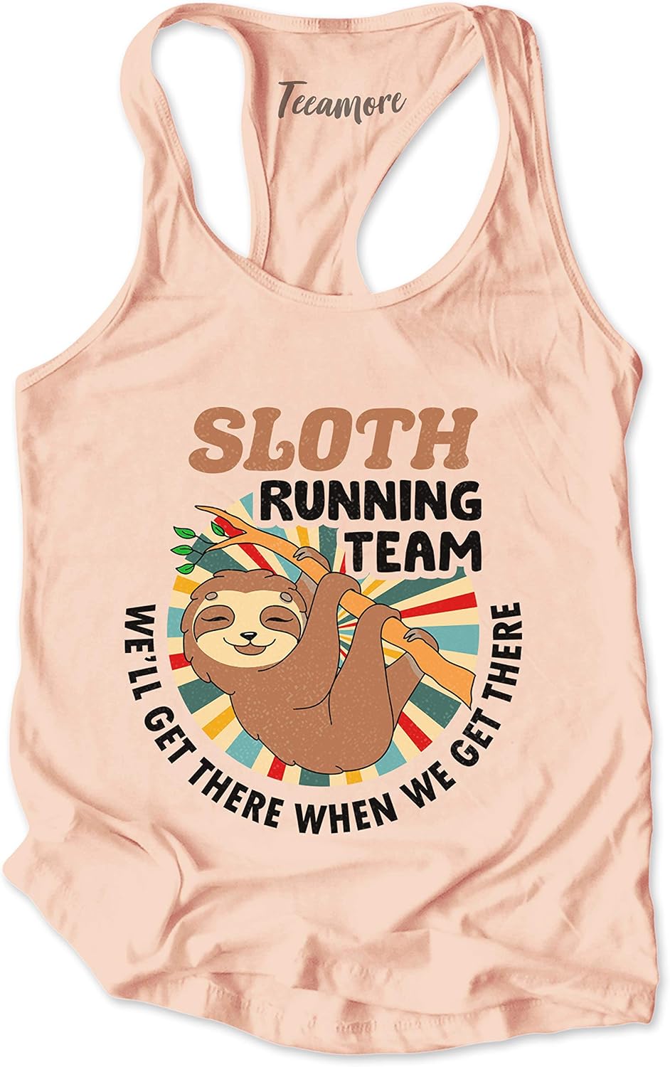 Vintage Retro Sloth Running Team We'll Get There Funny Lazy Sloth T-Shirt - Womens Racer Tank - Peach