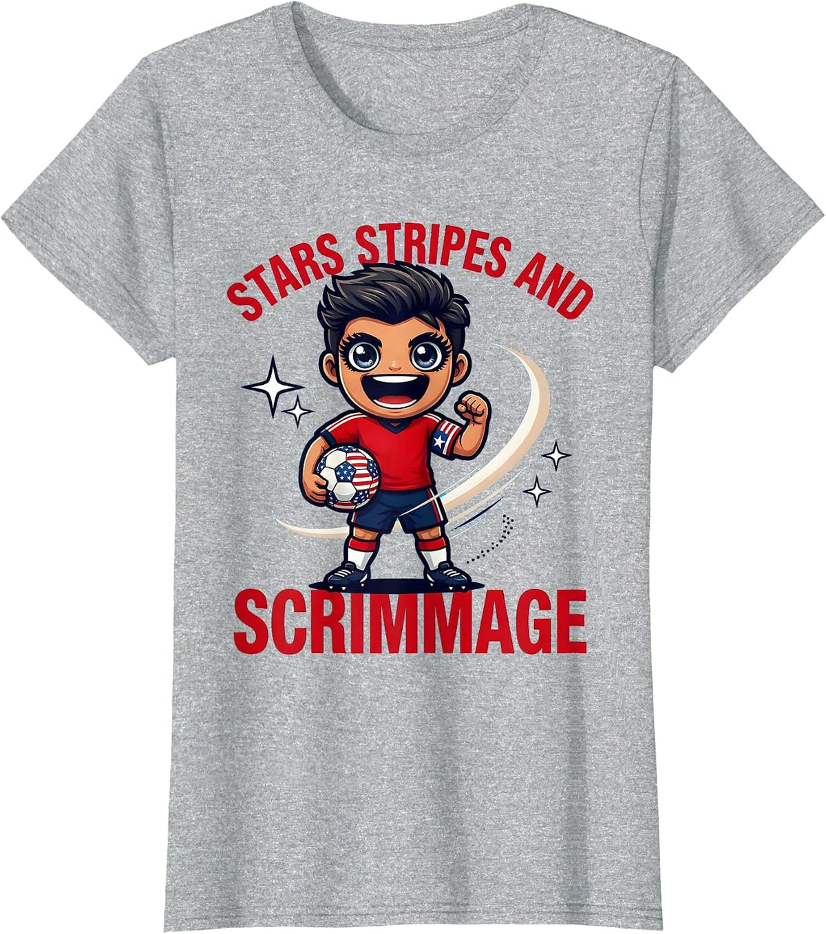 Women's STARS STRIPES AND SCRIMMAGE Funny Soccer Player 4th of July T-Shirt - Heather Grey