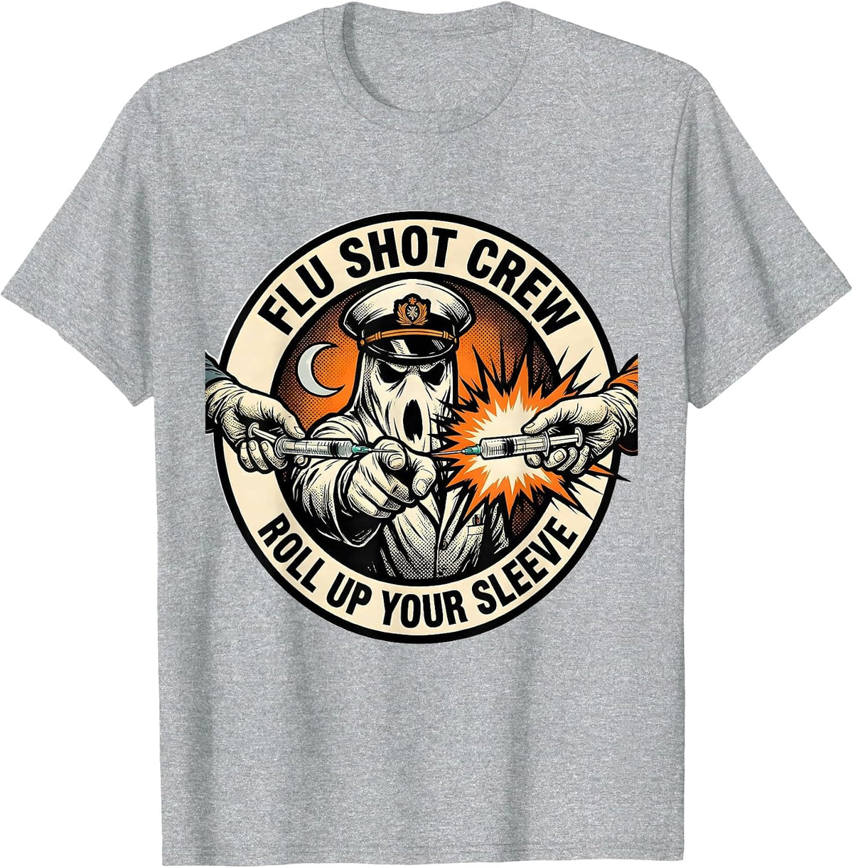 Men's Flu Shot Crew Roll Up Your Sleeve Funny Nurse Ghost T-Shirt - Heather Grey