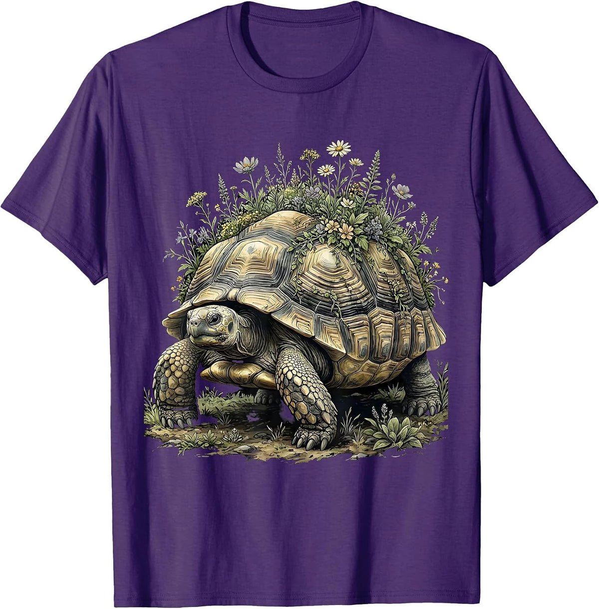 Peaceful Turtle Flowering Garden Shell Nature Art T-Shirt - Purple