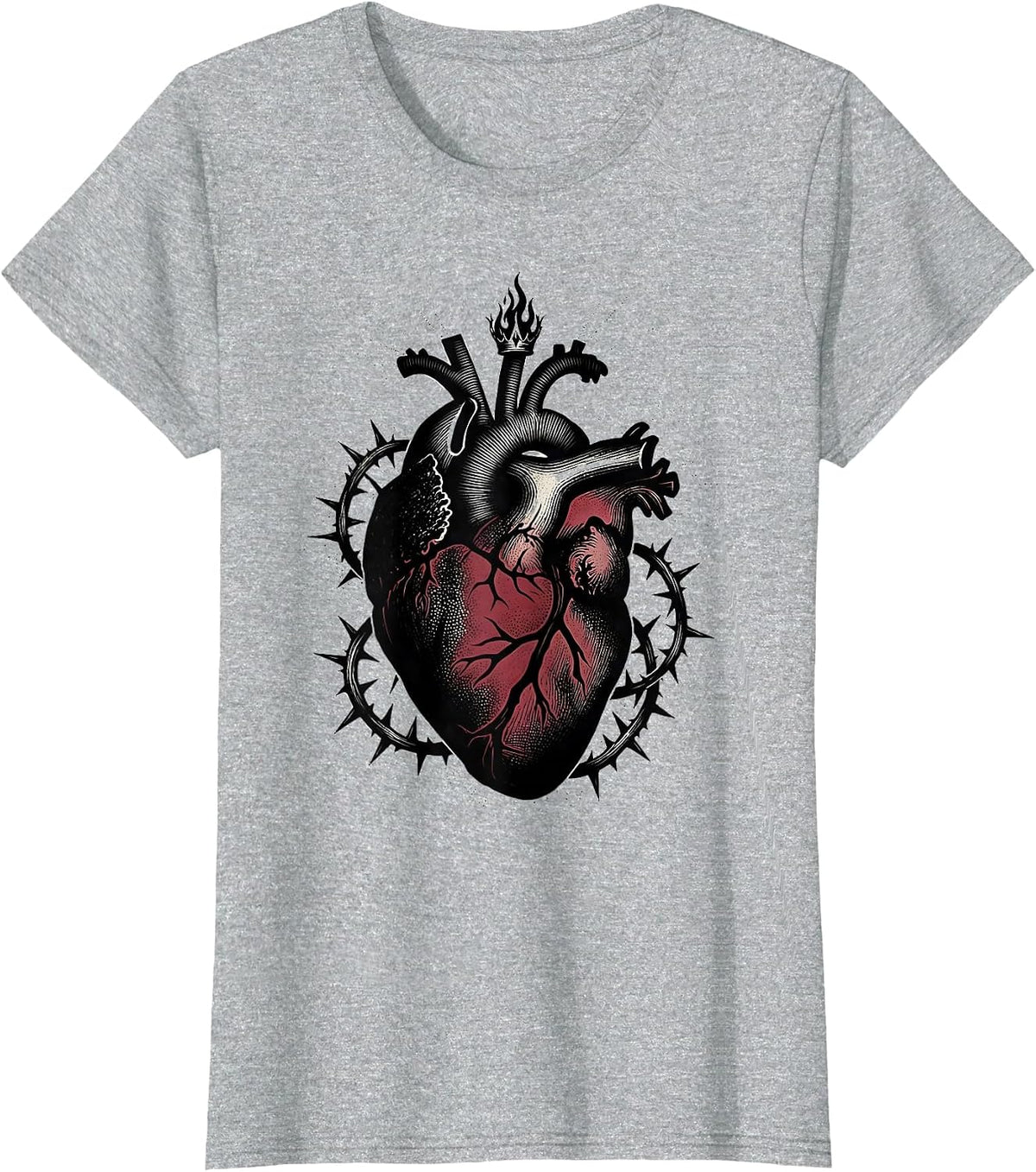 Sacred Heart Thorned Vines Religious Graphic T-Shirt - Heather Grey