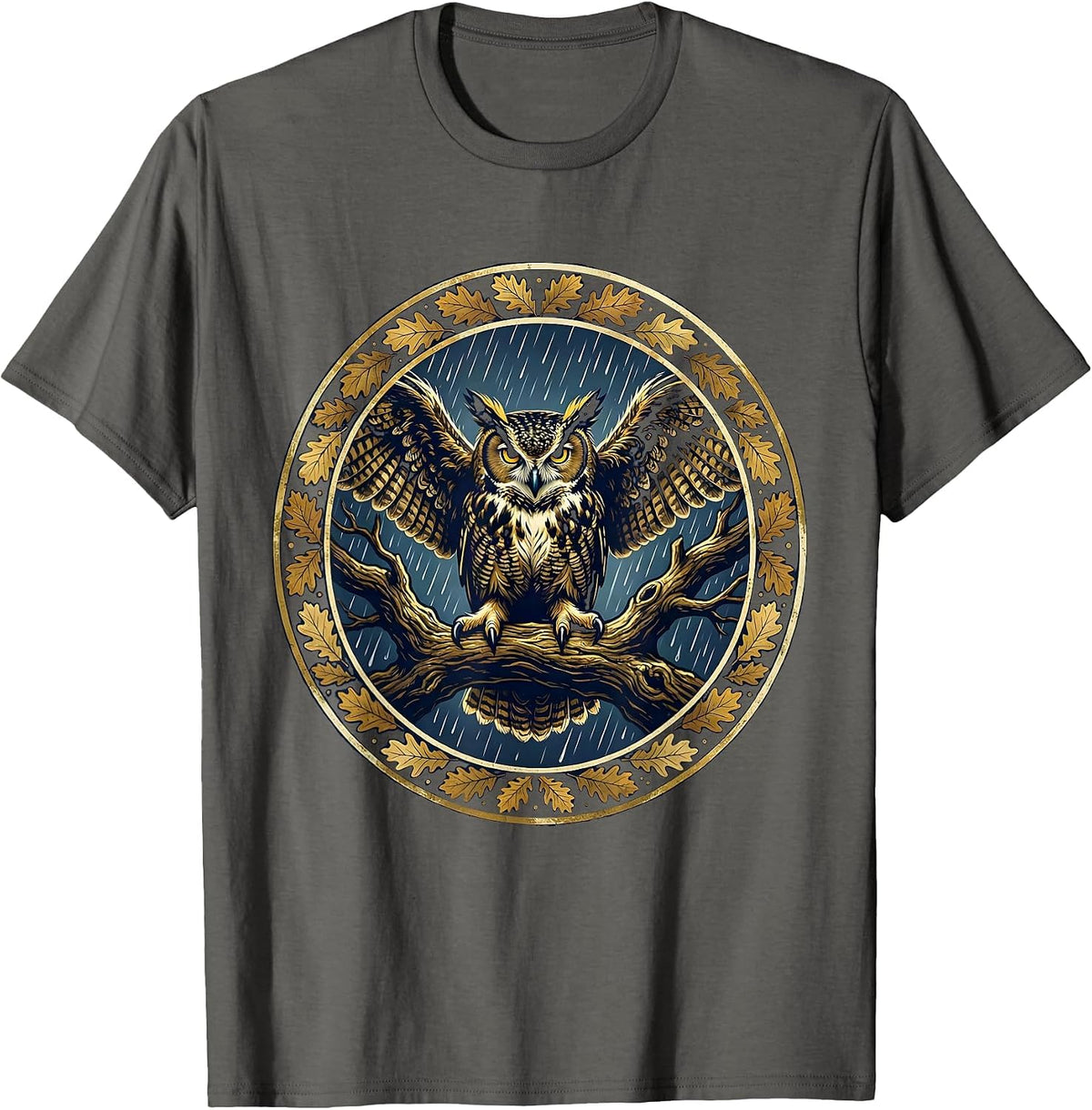 Men's Owl on Branch Rainy Night Fall Illustration T-Shirt - Asphalt Grey