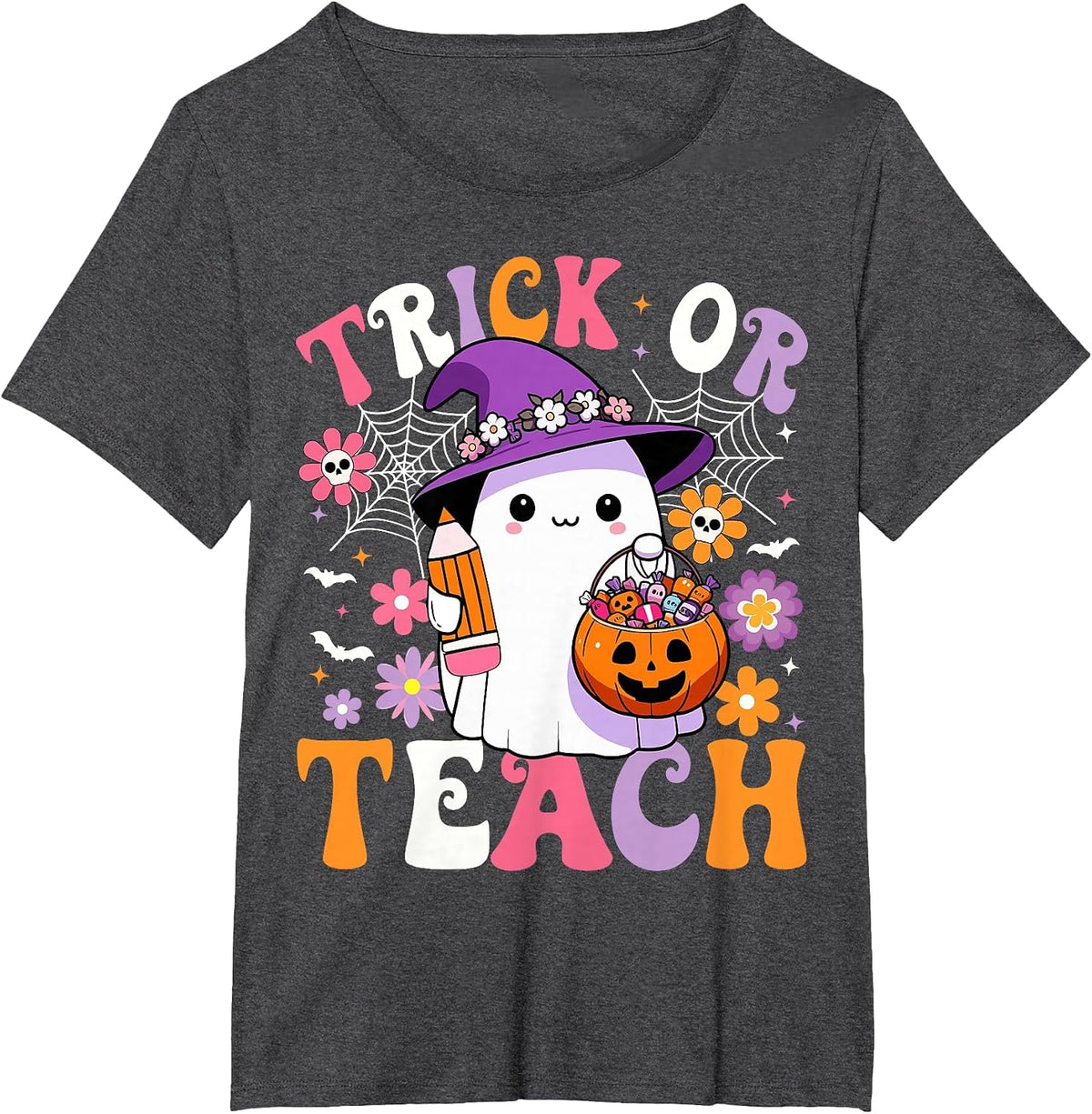 Trick Or Teach Groovy Teacher Ghost Funny Halloween Teacher T-Shirt - Dark Heather Grey