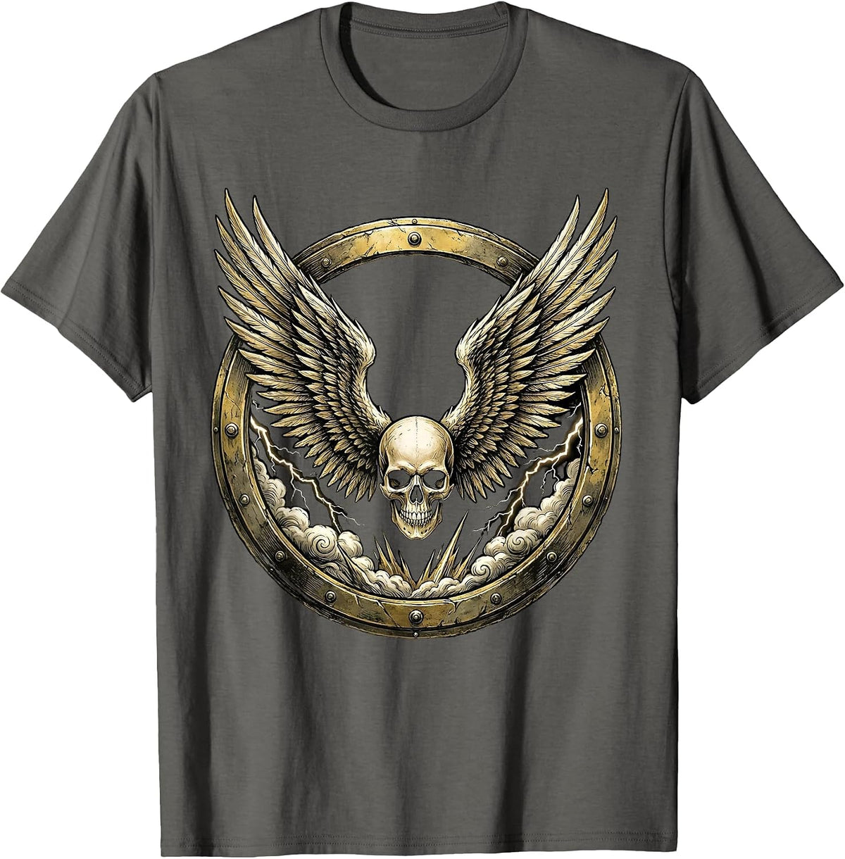 Winged Skull Storm Clouds Heavy Metal Graphic T-Shirt - Asphalt Grey