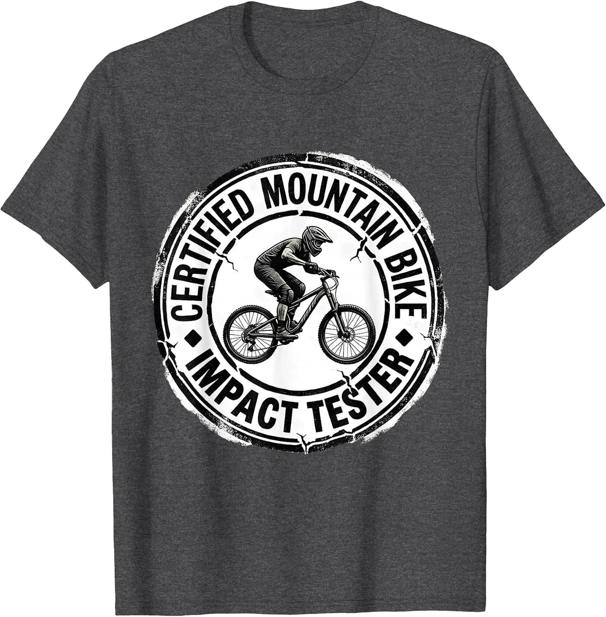 Men's Certified Mountain Bike Impact Tester Rubber Stamp Crash T-Shirt - Dark Heather Grey