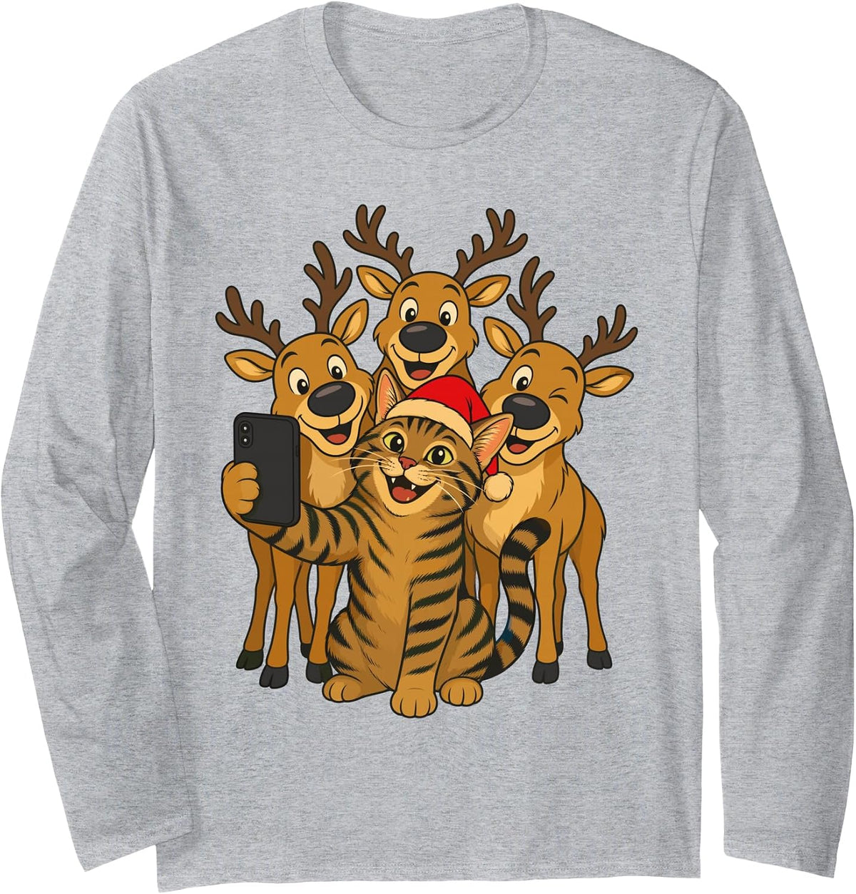 Cat Christmas Selfie Reindeer Funny Tabby Long Sleeve T-Shirt - As Pictured