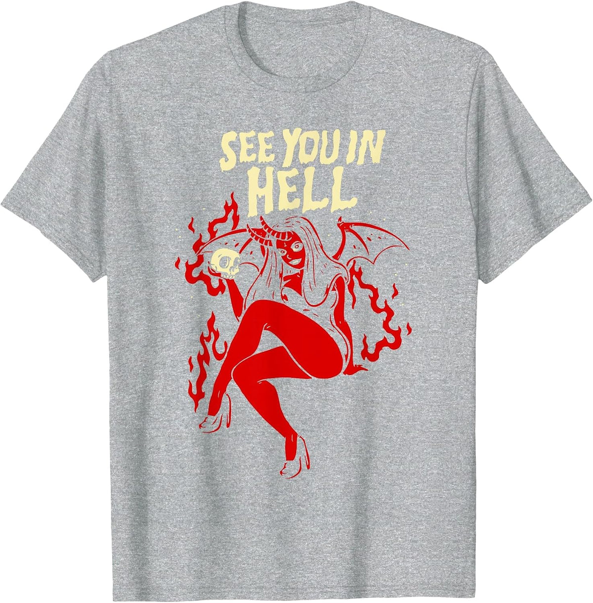 Horror Art - Sexy Goth Girl Succubus - Psychobilly Punk Art T-Shirt - Heather Grey