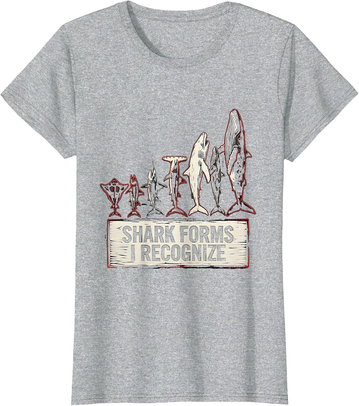 Women's Shark Forms I Recognize Linocut Marine Biology Ocean T-Shirt - Heather Grey