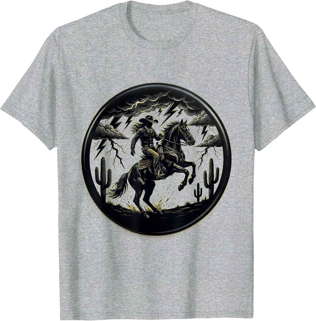 Men's Cowgirl Rearing Horse Thunderstorm Western Art T-Shirt - Heather Grey