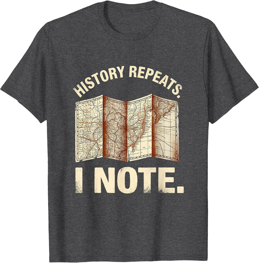 Men's History Repeats I Note Rubber Stamp Funny History Teacher T-Shirt - Dark Heather Grey
