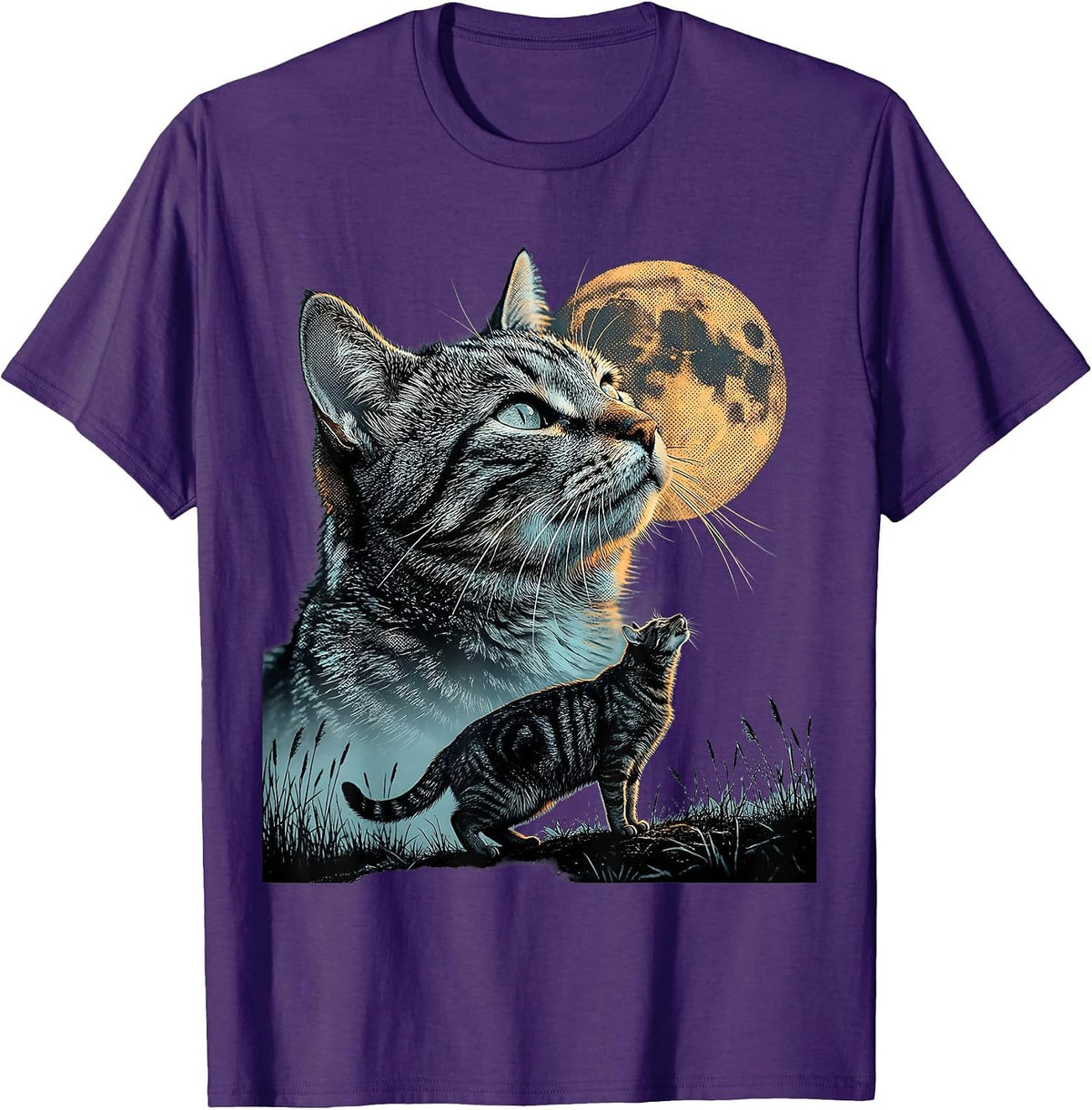 Grey Tabby Cat Howling at Moon 90's Retro T-Shirt - Purple