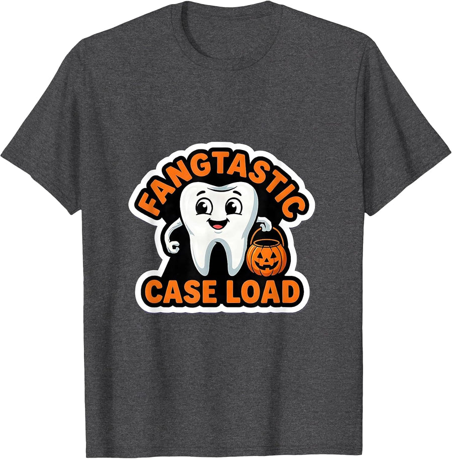 Men's Fangtastic Case Load Funny Dental Hygienist Halloween Humor T-Shirt - Dark Heather Grey