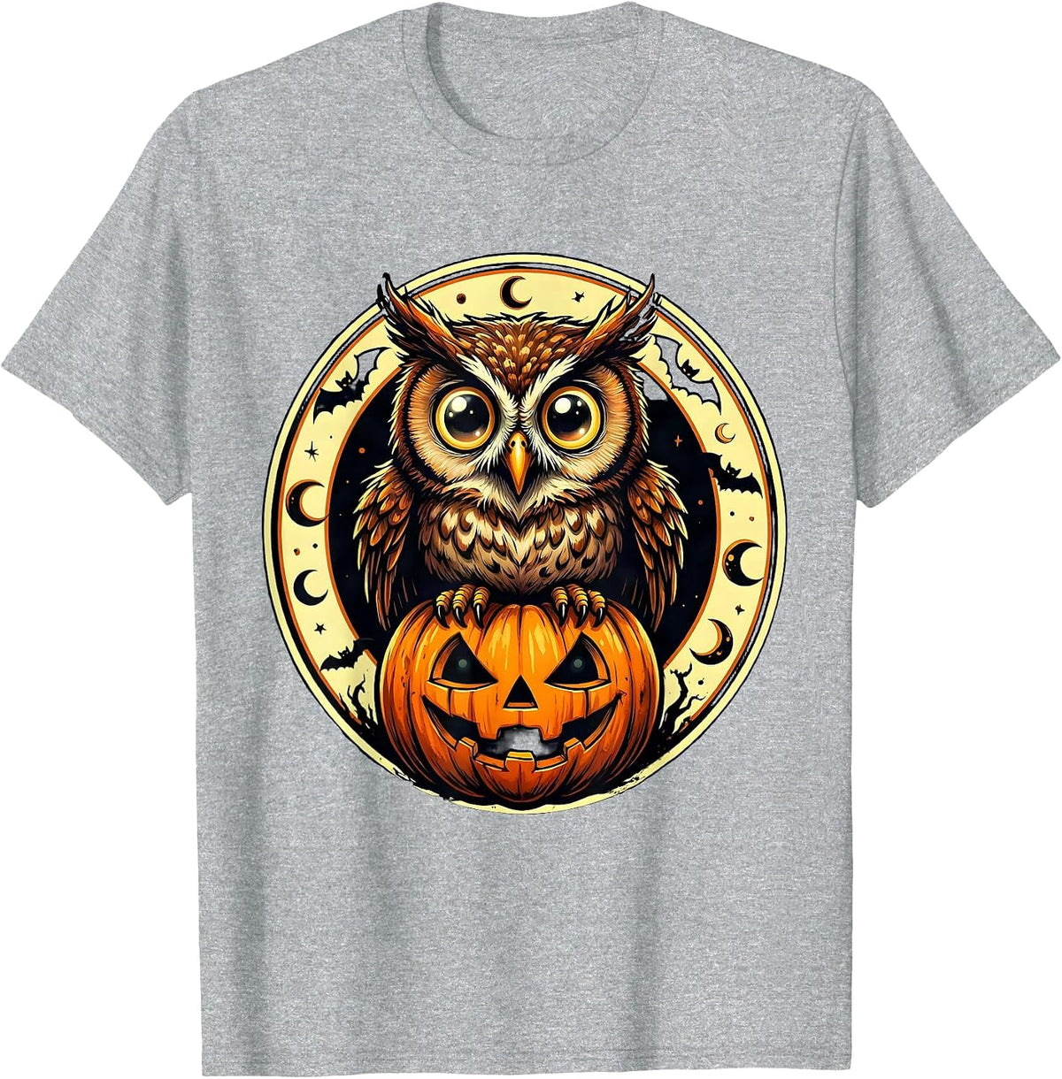 Men's Cute Halloween Owl on Glowing Pumpkin Design T-Shirt - Heather Grey
