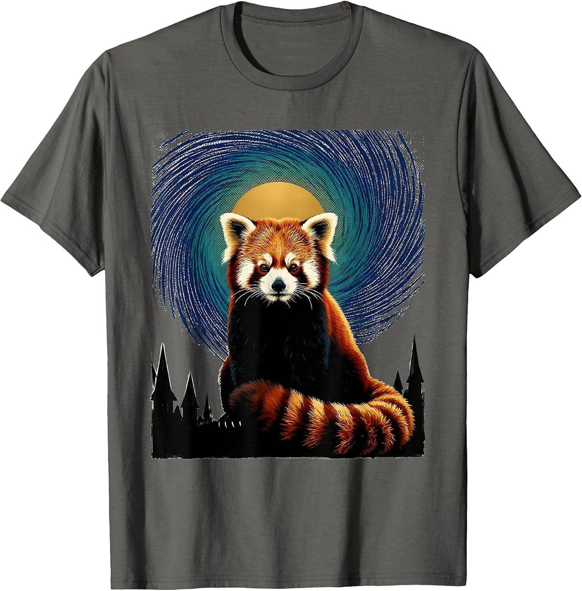 Red Panda Van Gogh Starry Night Animal Lover Art Meme T-Shirt - Asphalt Grey