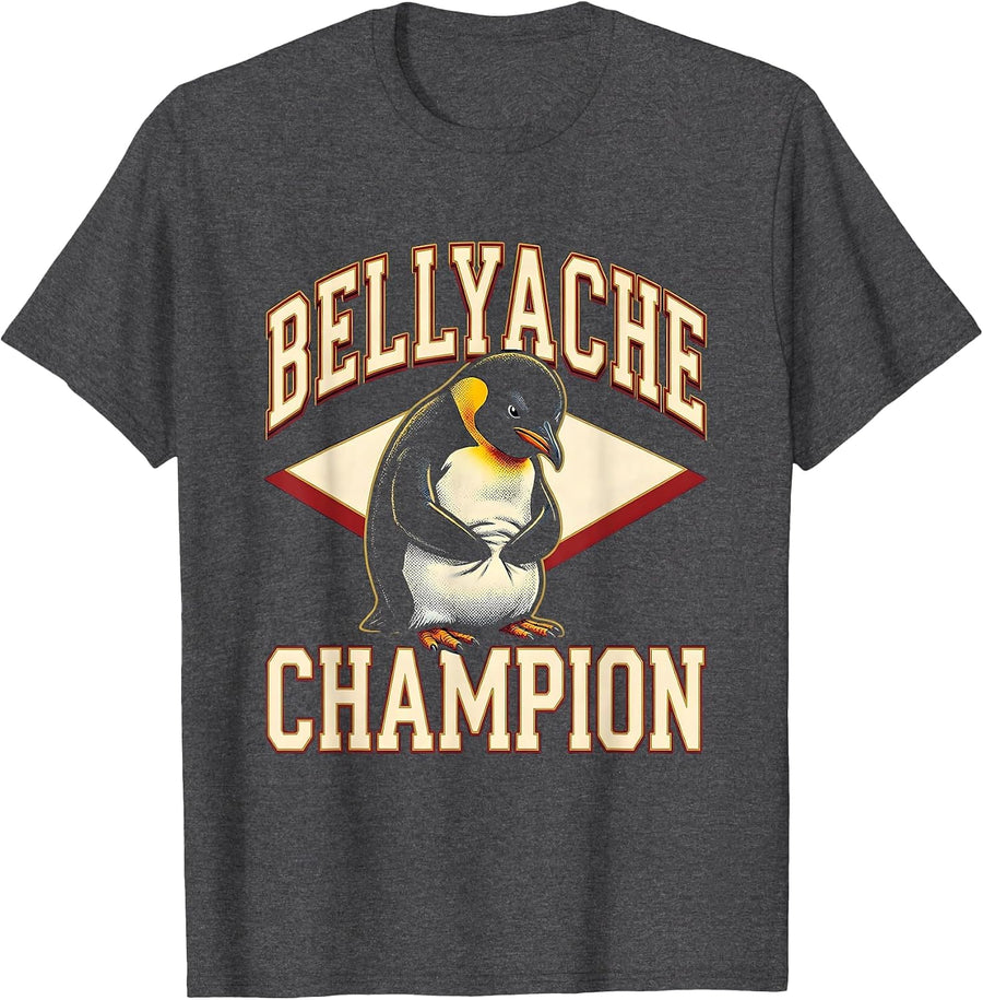 Men's Bellyache Champion Funny Penguin Meme Gross-Out Humor T-Shirt - Dark Heather Grey