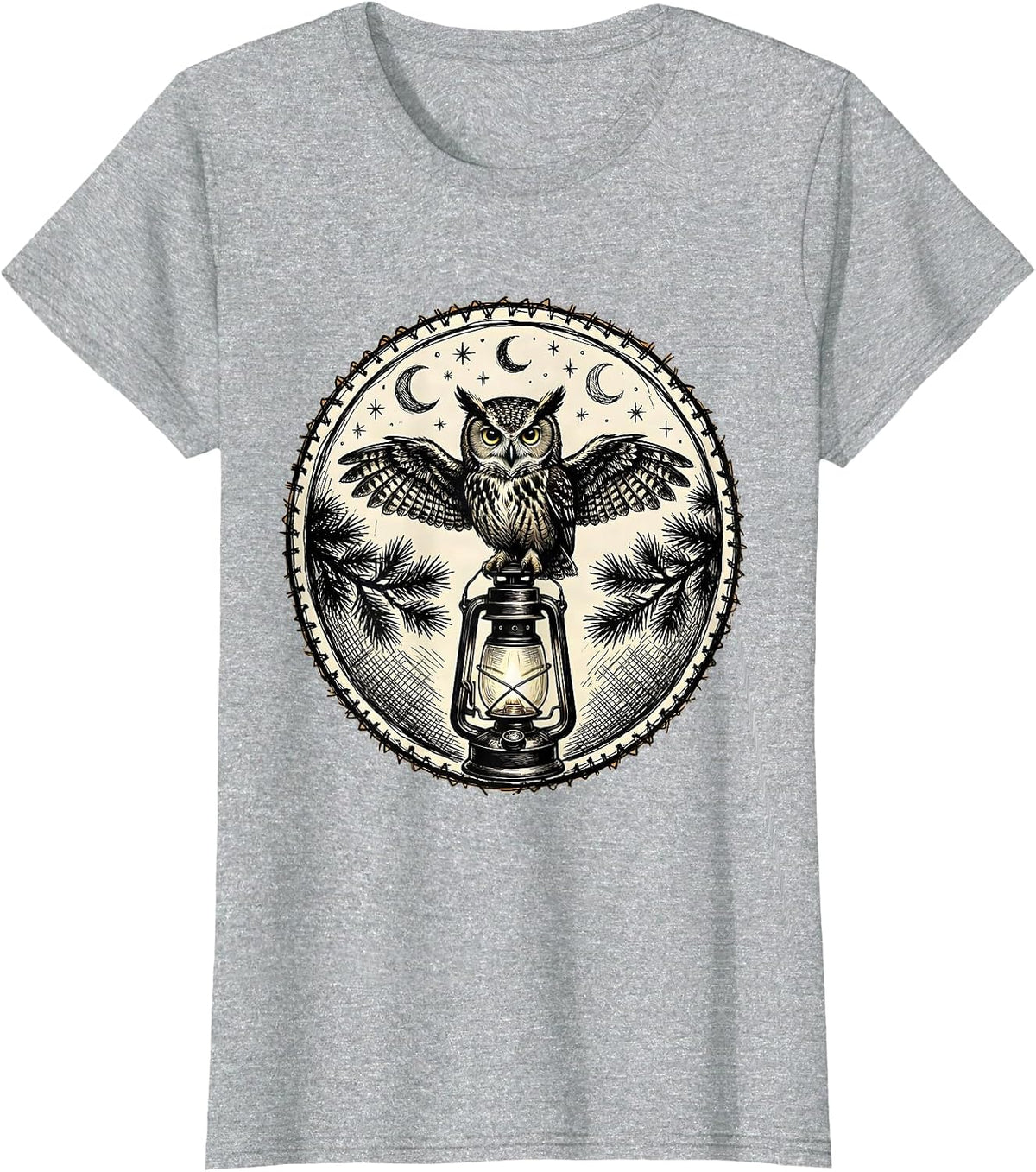Owl on Lantern Camping Night Illustration T-Shirt - Heather Grey