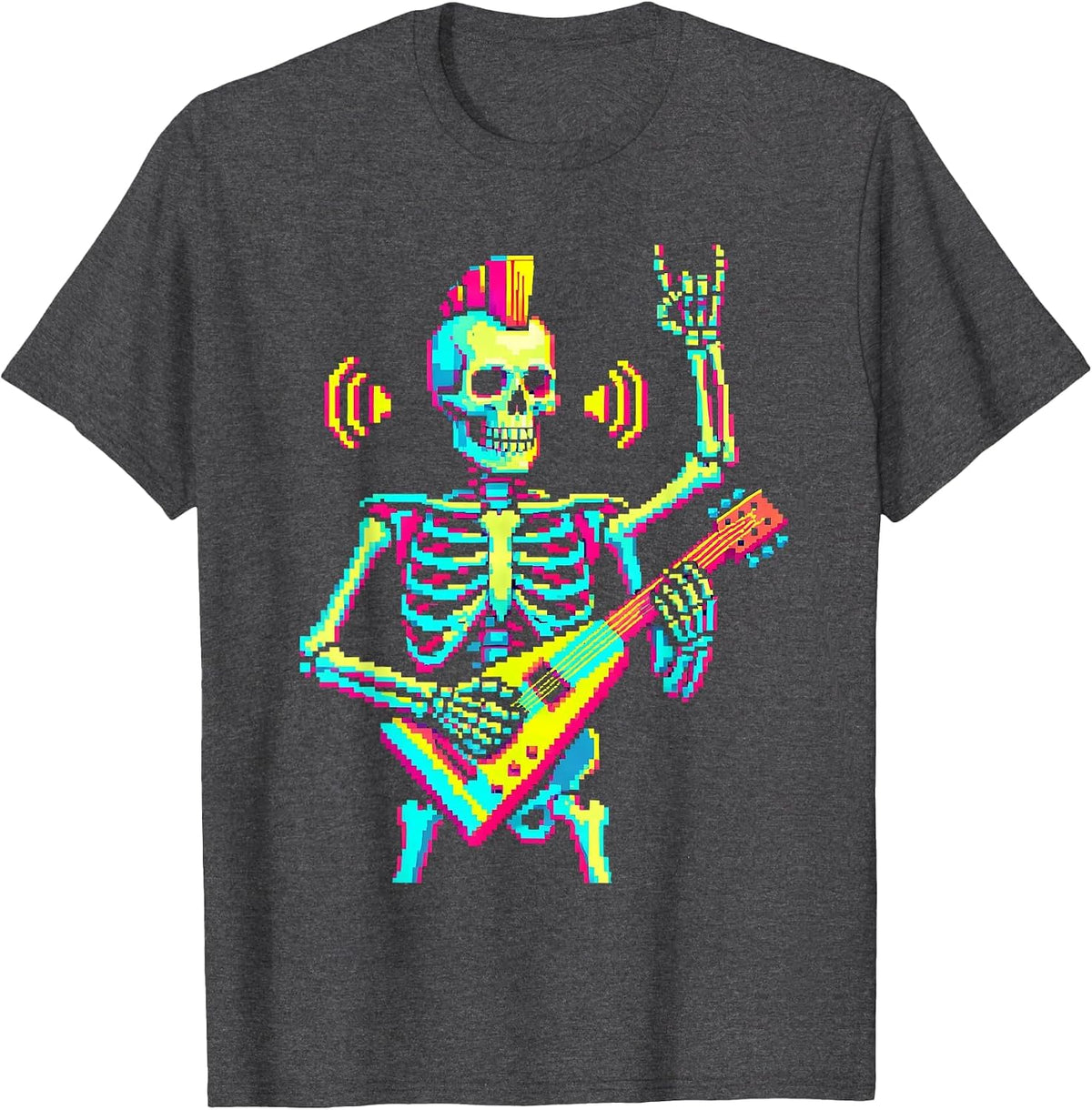 Punk Skeleton Pixel Art Rock Fan Halloween Costume T-Shirt - Dark Heather Grey