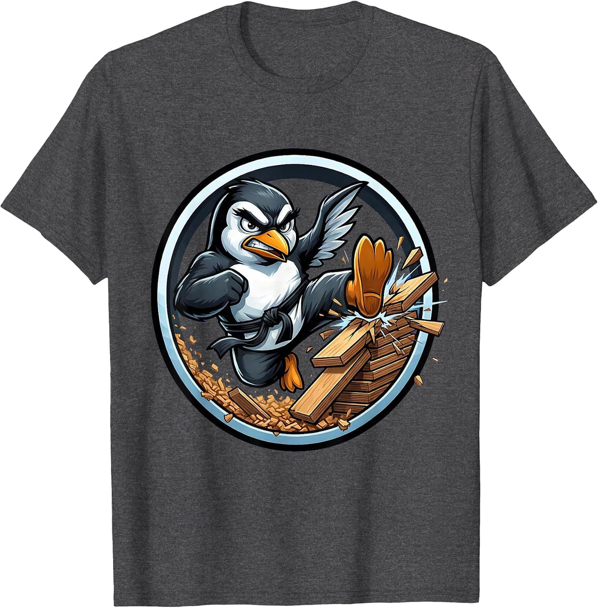 Angry Penguin Karate Kick Martial Arts Graphic T-Shirt - Dark Heather Grey