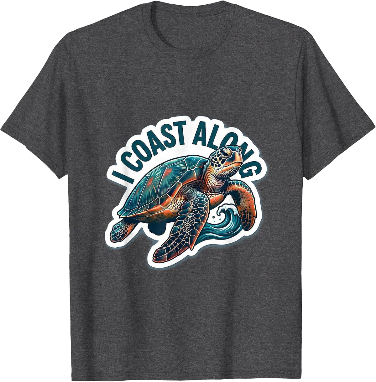 I Coast Along Sticker Style Sea Turtle Tropical Vacation T-Shirt - Dark Heather Grey