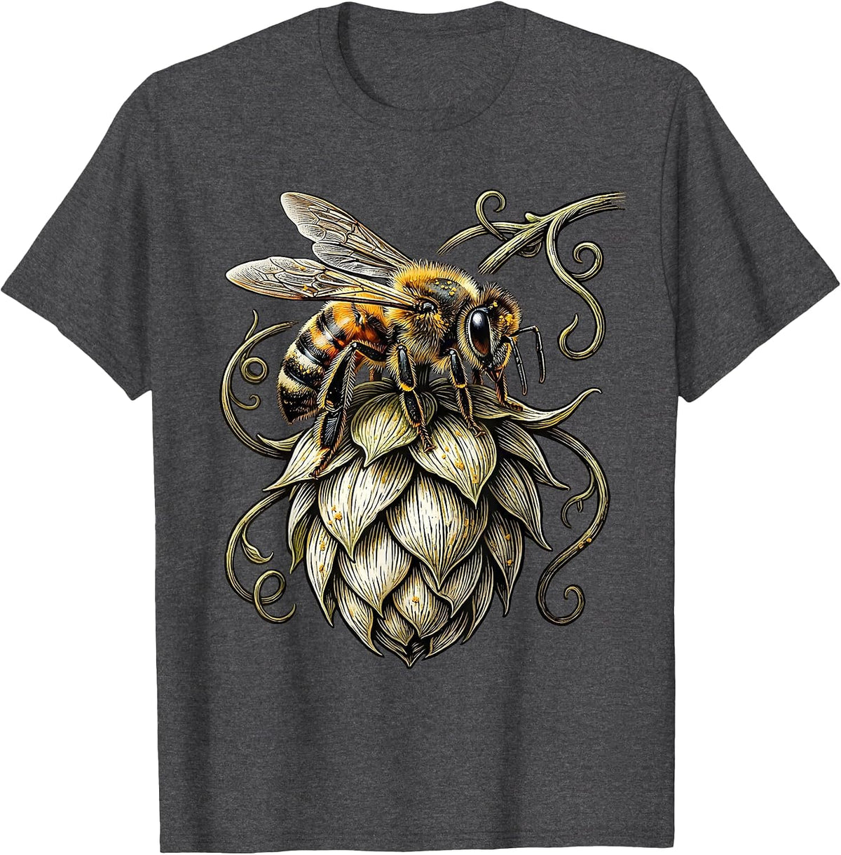 Bee and Hop Flower Craft Beer Lover Design T-Shirt - Dark Heather Grey