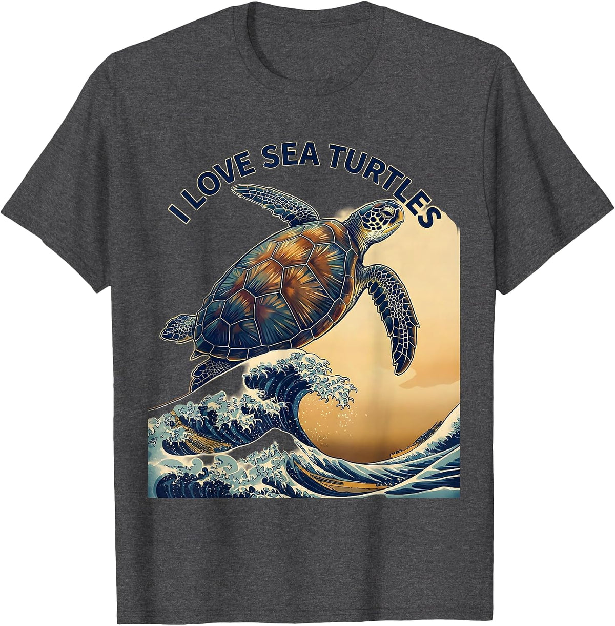 Men's I Love Sea Turtles Ukiyo-e Ocean Animal Lover Beach Art T-Shirt - Dark Heather Grey