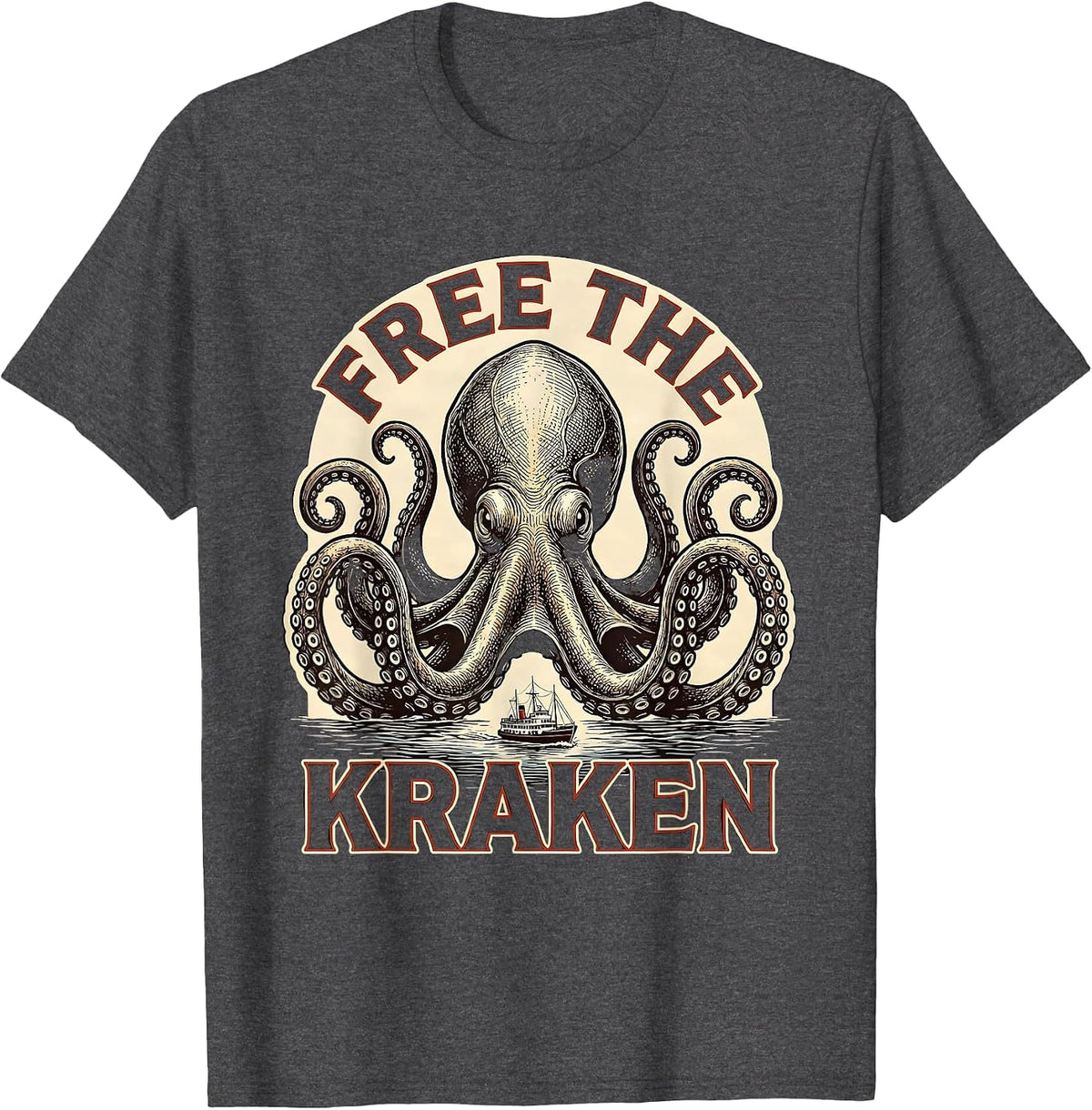 Free The Kraken Vintage Kraken Sea Monster Octopus T-Shirt - Dark Heather Grey