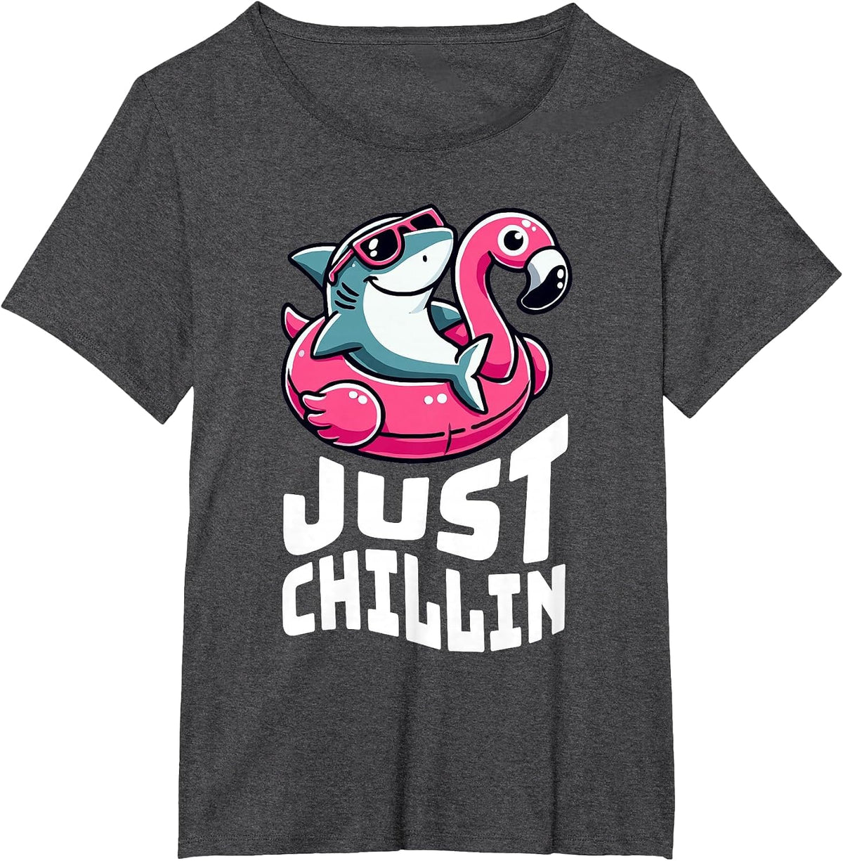 Funny Shark Just Chillin on Flamingo Float T-Shirt - Dark Heather Grey