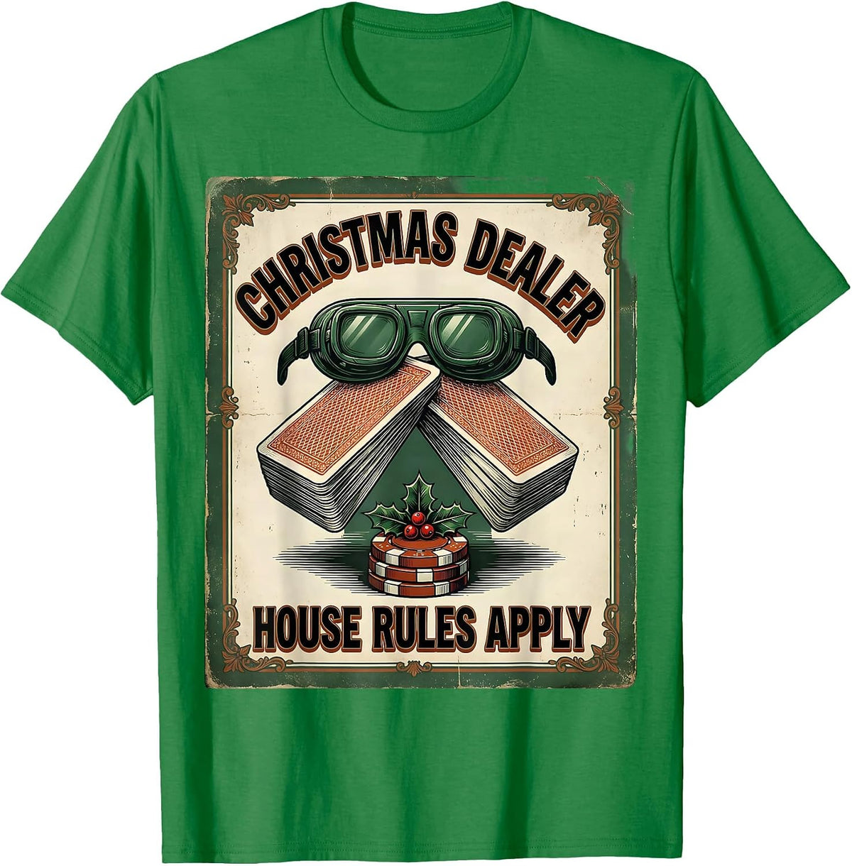 Men's Christmas Dealer House Rules Apply Vintage Poker Humor T-Shirt - Kelly Green