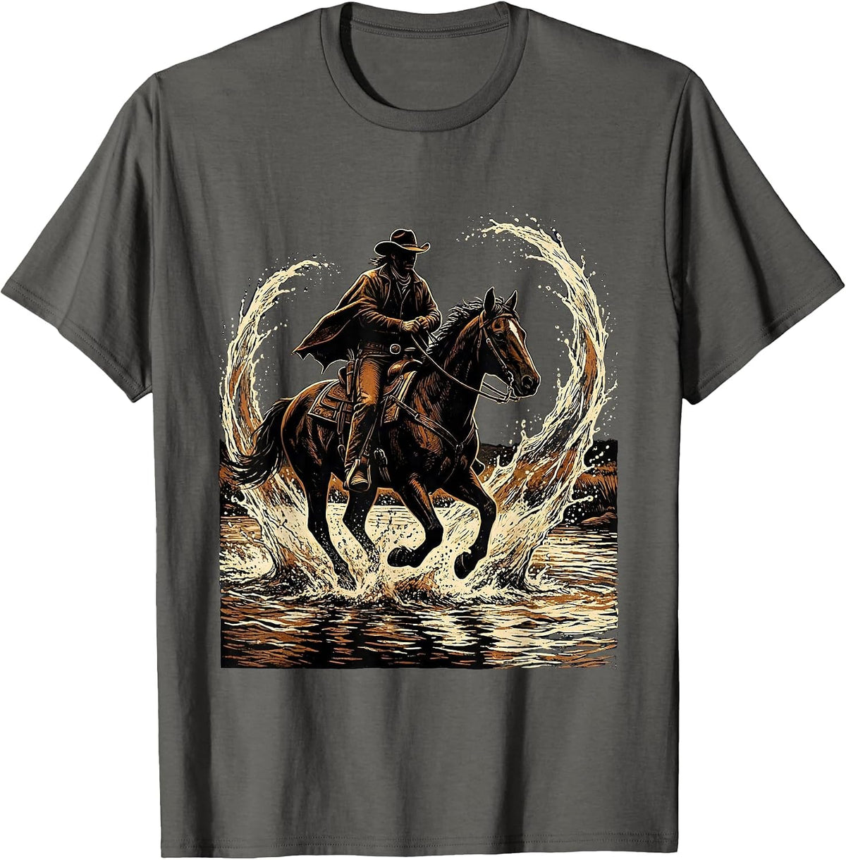 Cowboy Riding Horse Through River Splash T-Shirt - Asphalt Grey