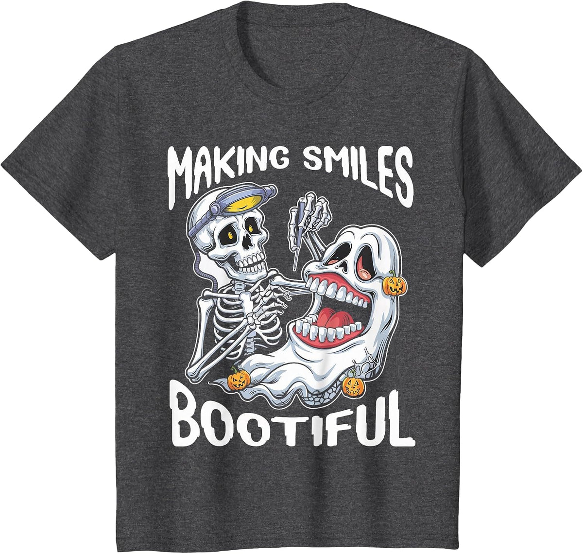 Making Smiles Bootiful Funny Ghost Dentist Halloween Dental T-Shirt - Dark Heather Grey