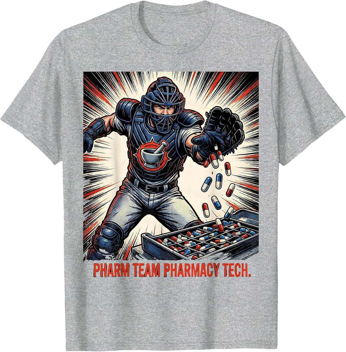 Men's Pharm Team Pharmacy Tech Comic Book Pharmacy Technician T-Shirt - Heather Grey