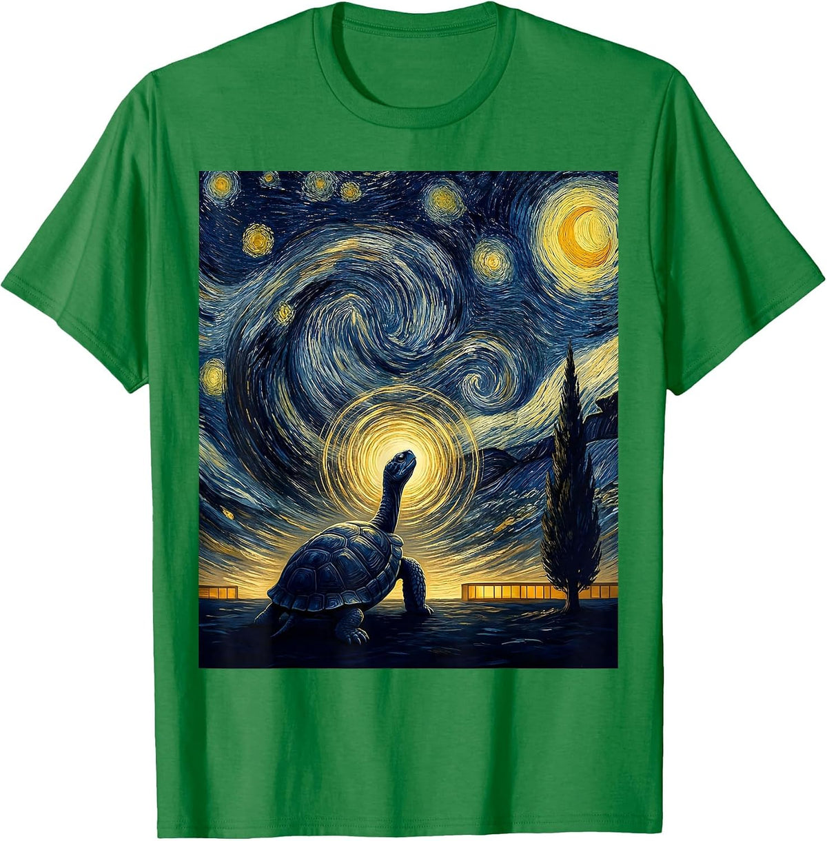 Men's Night Turtle Van Gogh Whimsical Pet Lover Art T-Shirt - Kelly Green