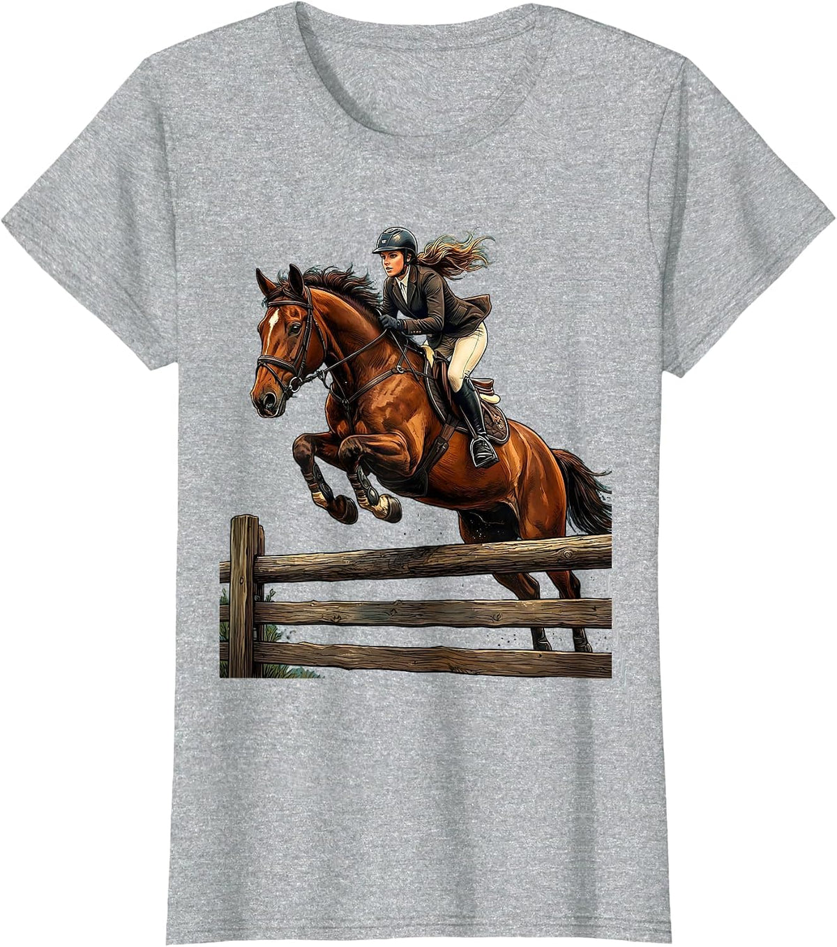 Horse Rider Jumping Fence Equestrian Graphic T-Shirt - Heather Grey