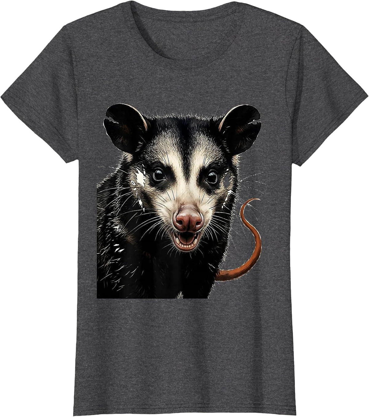Women's Oversized Opossum Linocut Funny Animal Meme T-Shirt - Dark Heather Grey