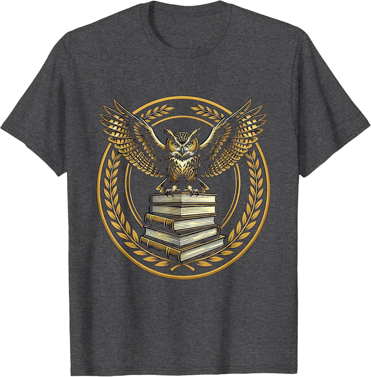Men's Wise Owl Perched on Stacked Textbooks Design T-Shirt - Dark Heather Grey