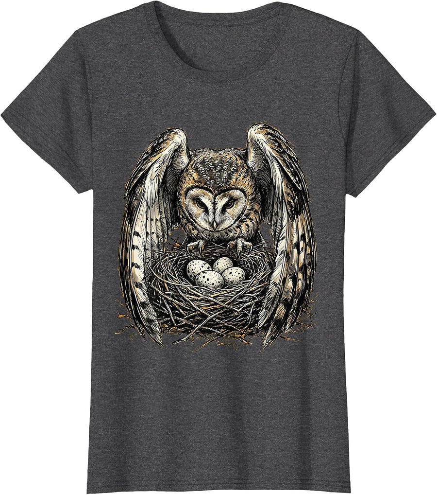 Women's Protective Owl Over Nest Illustration Design T-Shirt - Dark Heather Grey