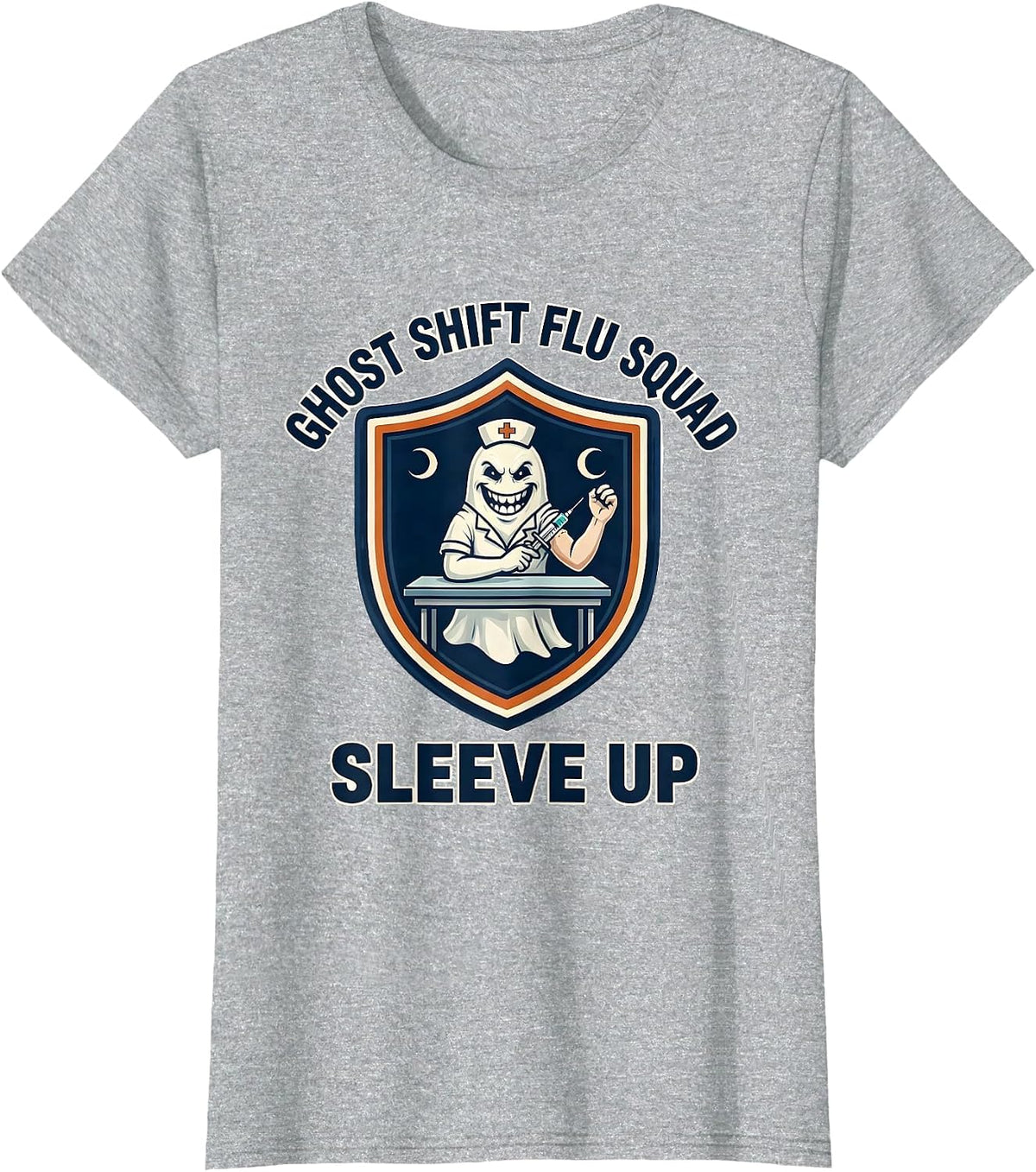 Women's Ghost Shift Flu Squad Sleeve Up Funny Nurse Halloween Flu T-Shirt - Heather Grey