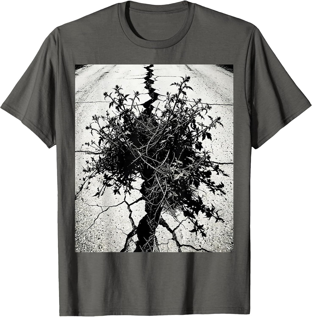Grunge Cracked Pavement Dark Weeds Growing T-Shirt - Asphalt Grey