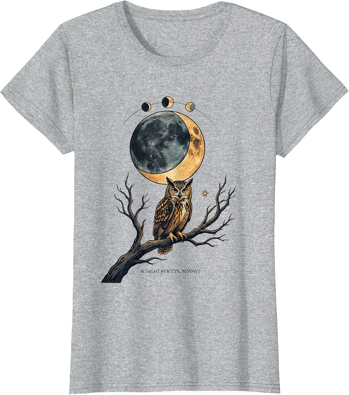 A Night Person, Always Whimsical Boho Moon Phase Owl T-Shirt - Heather Grey