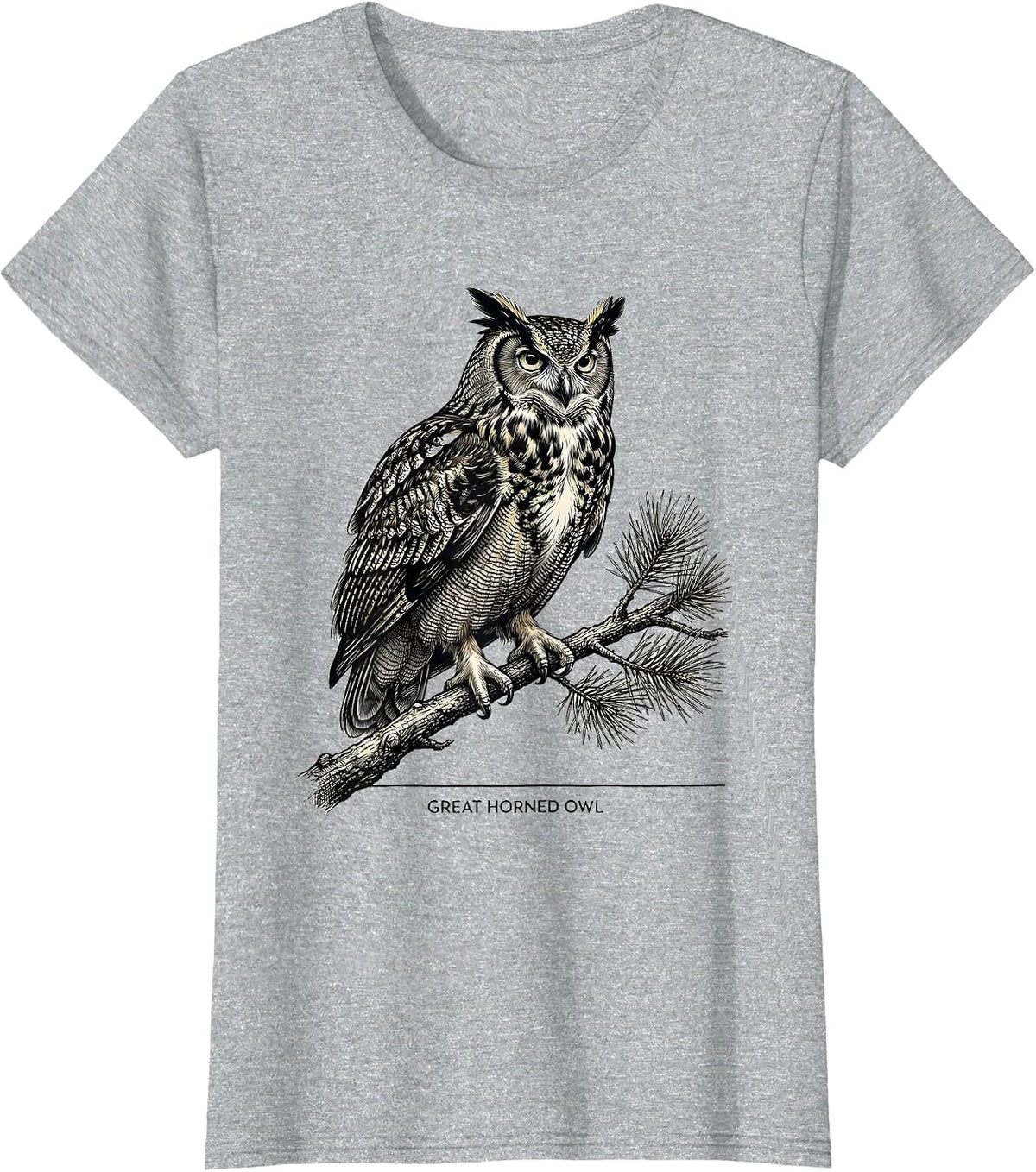 Women's Great Horned Owl Vintage Forest Wildlife Nature Reflection T-Shirt - Heather Grey
